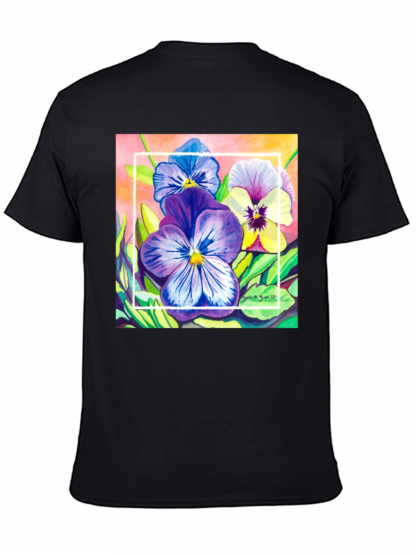 Black Floral Pansies Watercolor T-Shirt view 4