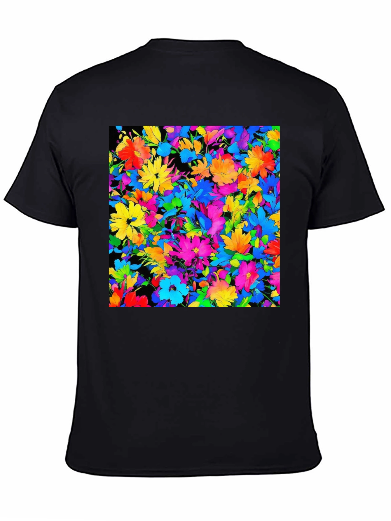 Black Colorful Floral Print Men's Black T-Shirt view 4