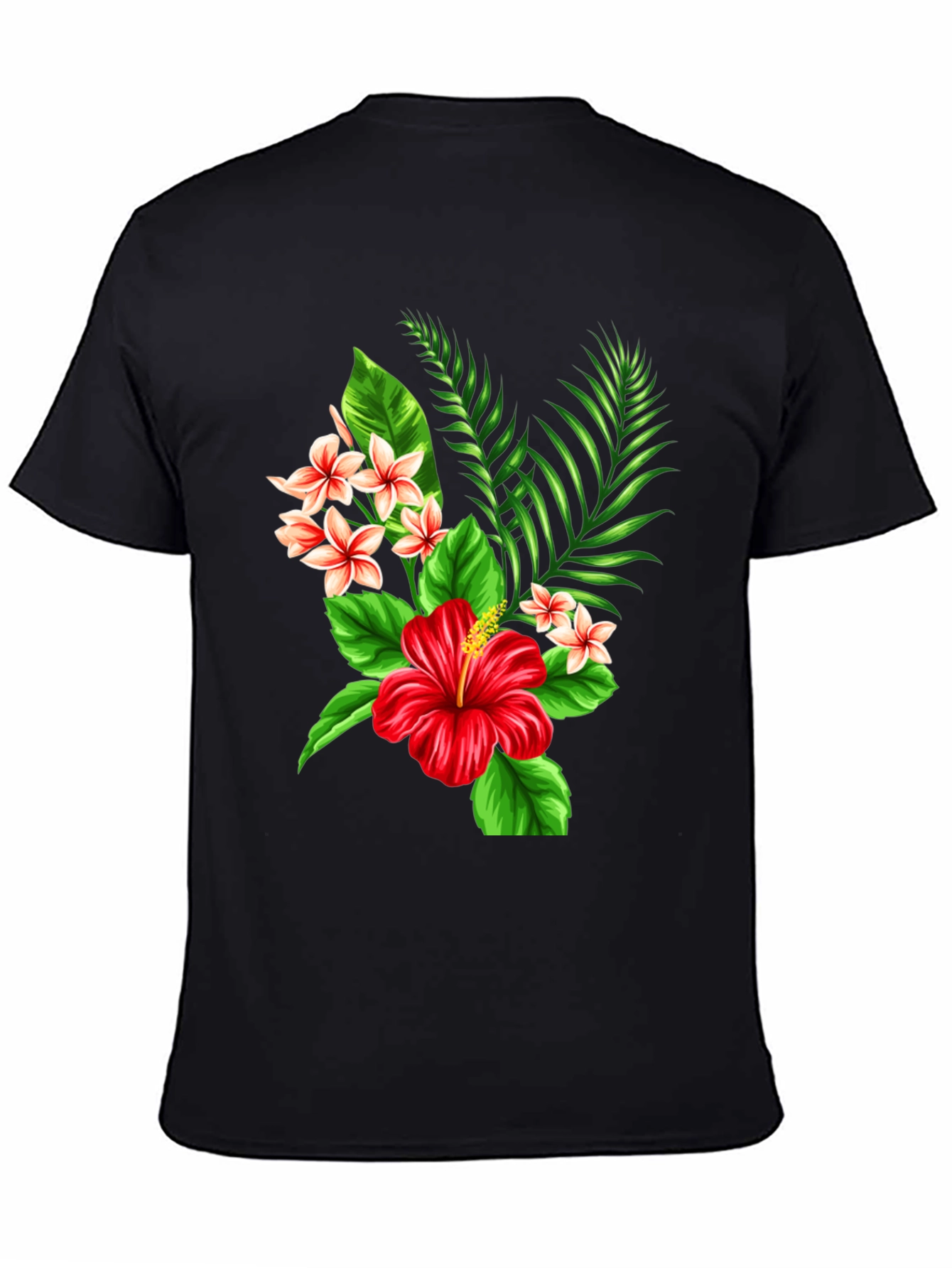 Black Tropical Floral T-Shirt - Red Hibiscus & Plumeria Design view 4
