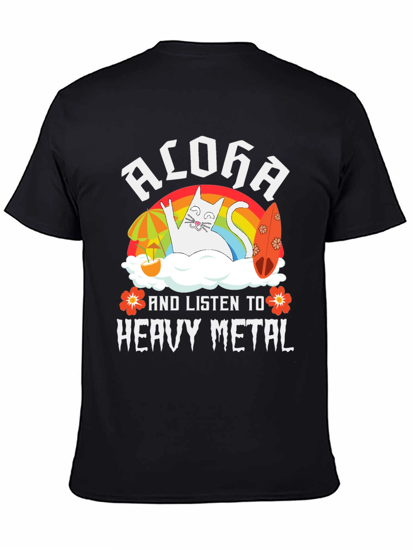 Black Aloha Heavy Metal Cat Graphic T-Shirt view 4