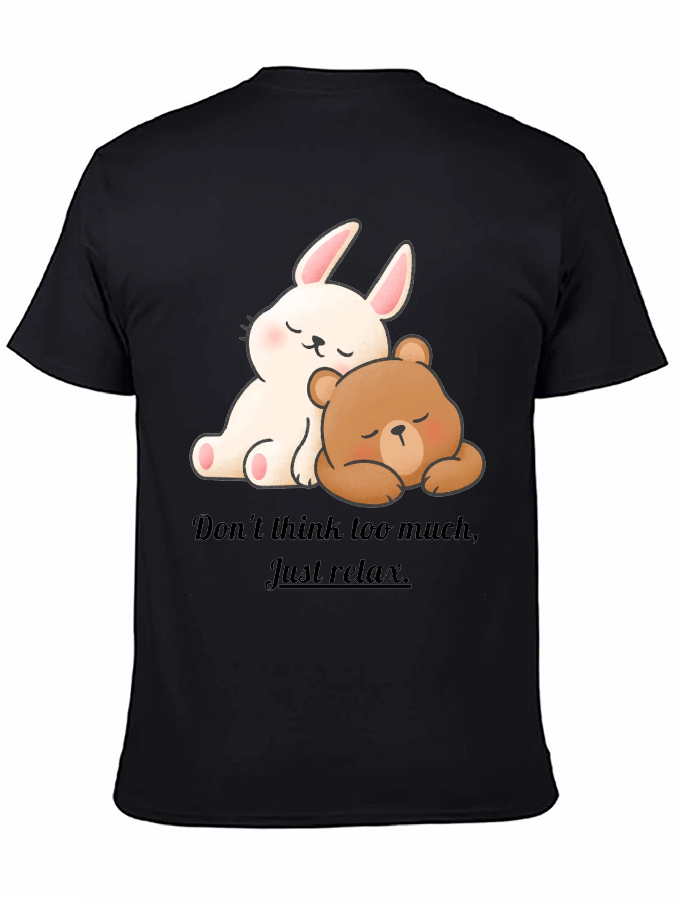 Black Cute Cartoon Bunny & Bear Relax T-Shirt view 4