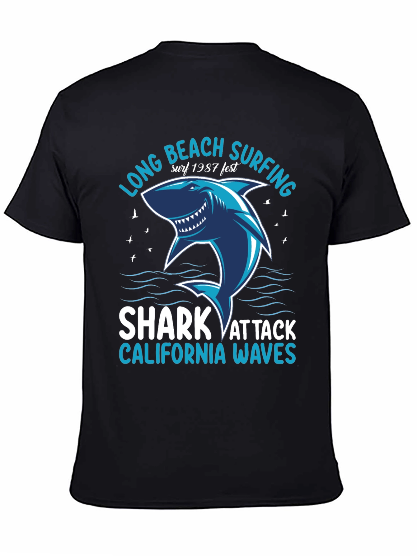 Black Long Beach Surfing Shark Graphic Tee view 4