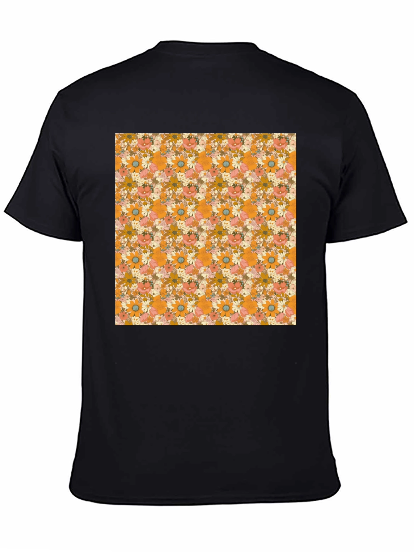 Black Retro Floral Print T-Shirt - Black Crew Neck Tee view 4