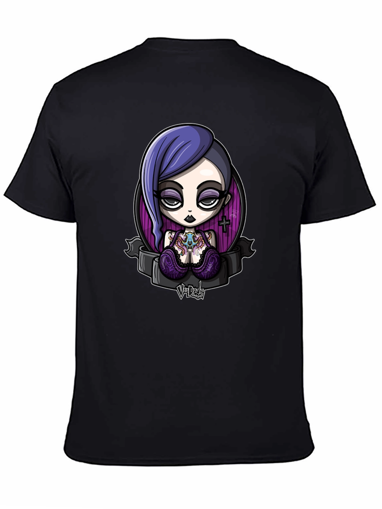 Black Gothic Cartoon Girl Graphic Black T-Shirt view 4