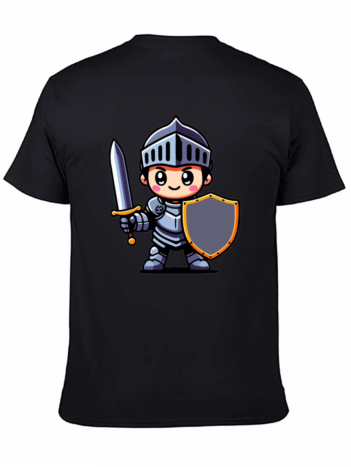 Black Cartoon Knight Graphic Tee - Black Cotton T-Shirt view 4