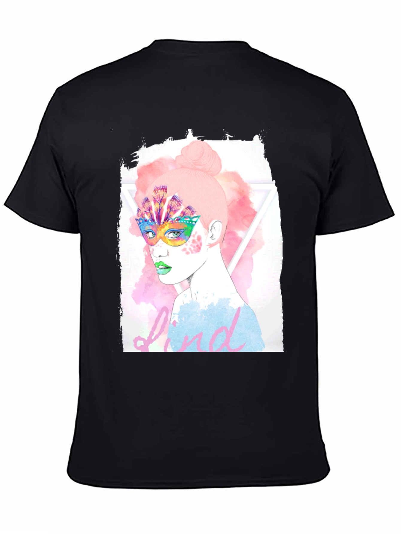 Black Graphic Print Tee - Colorful Mask Woman view 4
