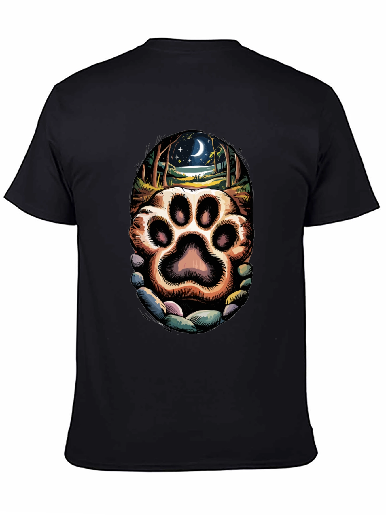 Black Paw Print Moonlit Forest Graphic Tee view 4