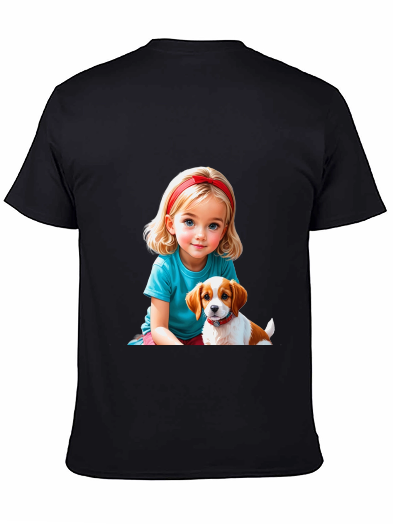 Black Cute Girl & Puppy Graphic Tee - Black Casual T-Shirt view 4