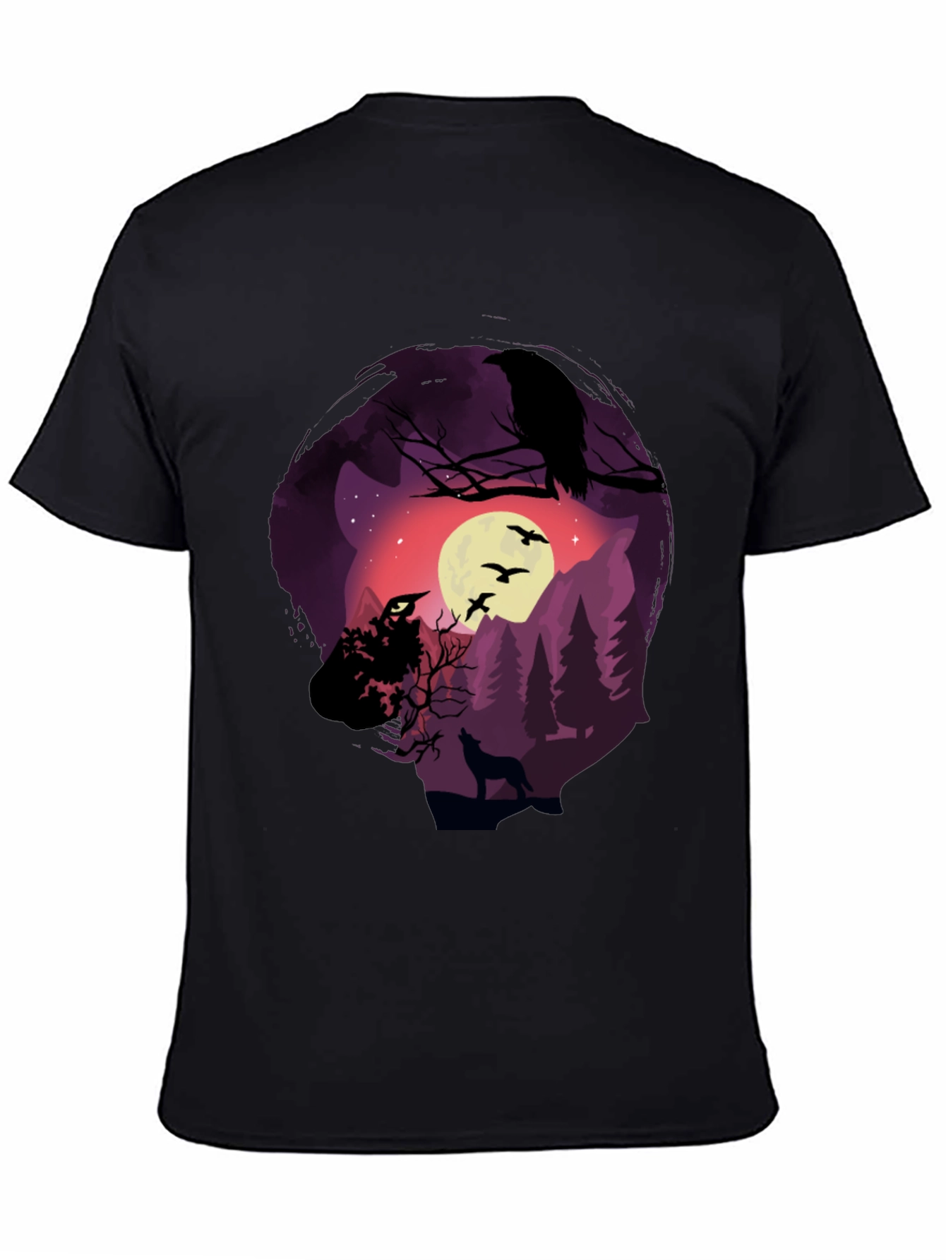 Black Raven Moon Wolf Graphic T-Shirt view 4