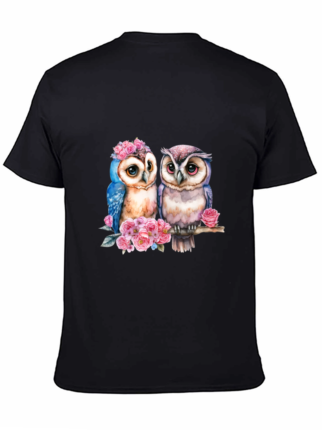 Black Owl Couple T-Shirt - Floral Design view 4