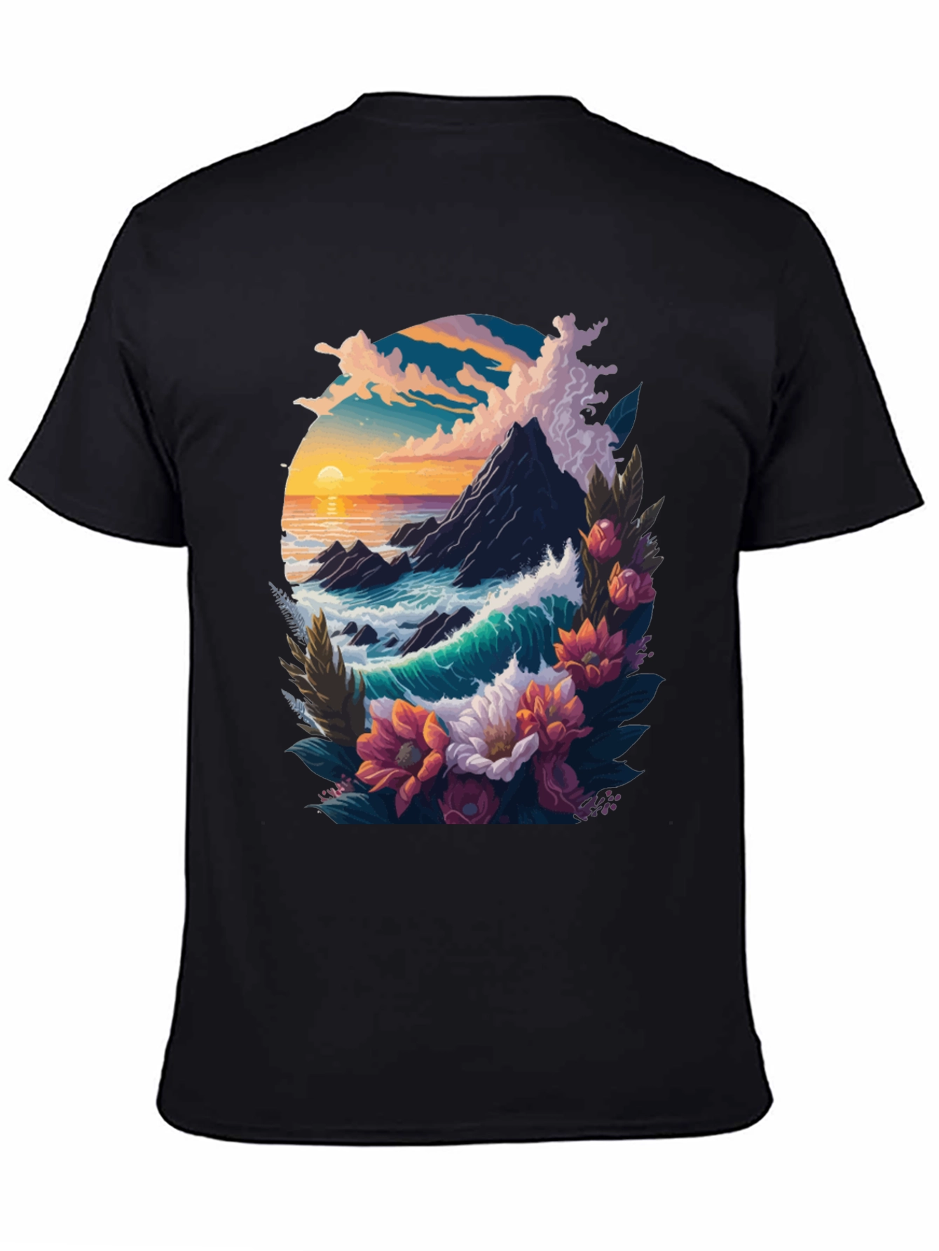 Black Ocean Sunset Floral Graphic Tee view 4