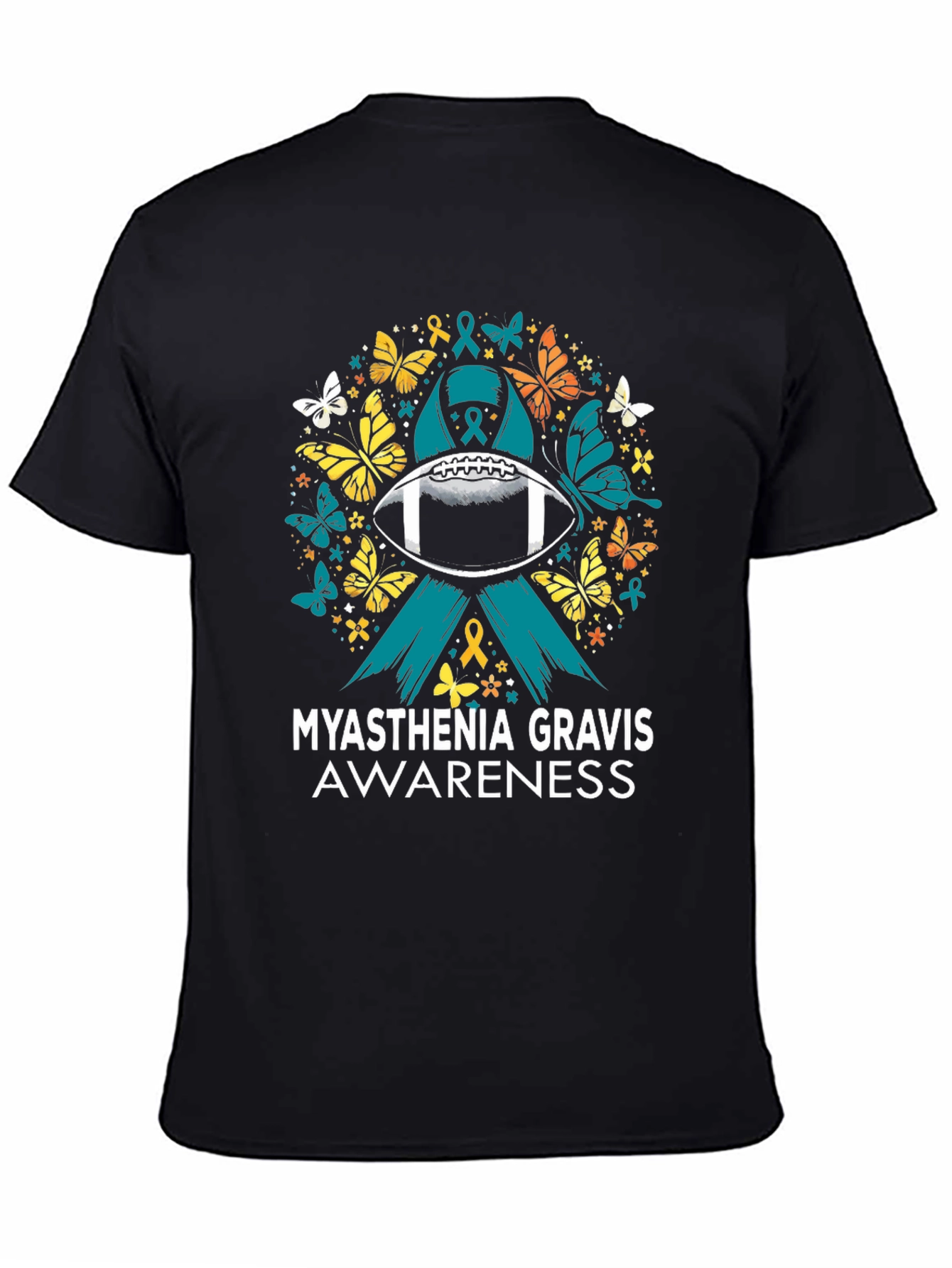 Black Myasthenia Gravis Awareness Football T-Shirt view 4