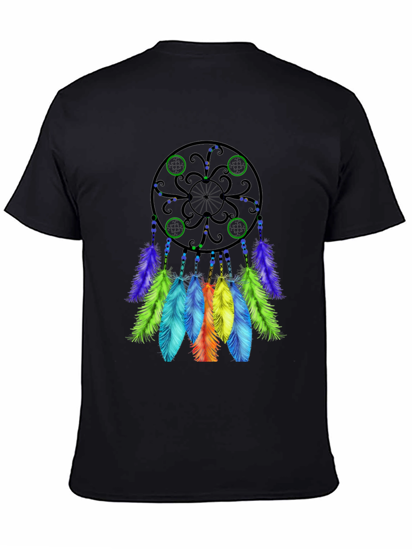 Black Dreamcatcher T-Shirt - Black Cotton Tee with Colorful Feather Design view 4