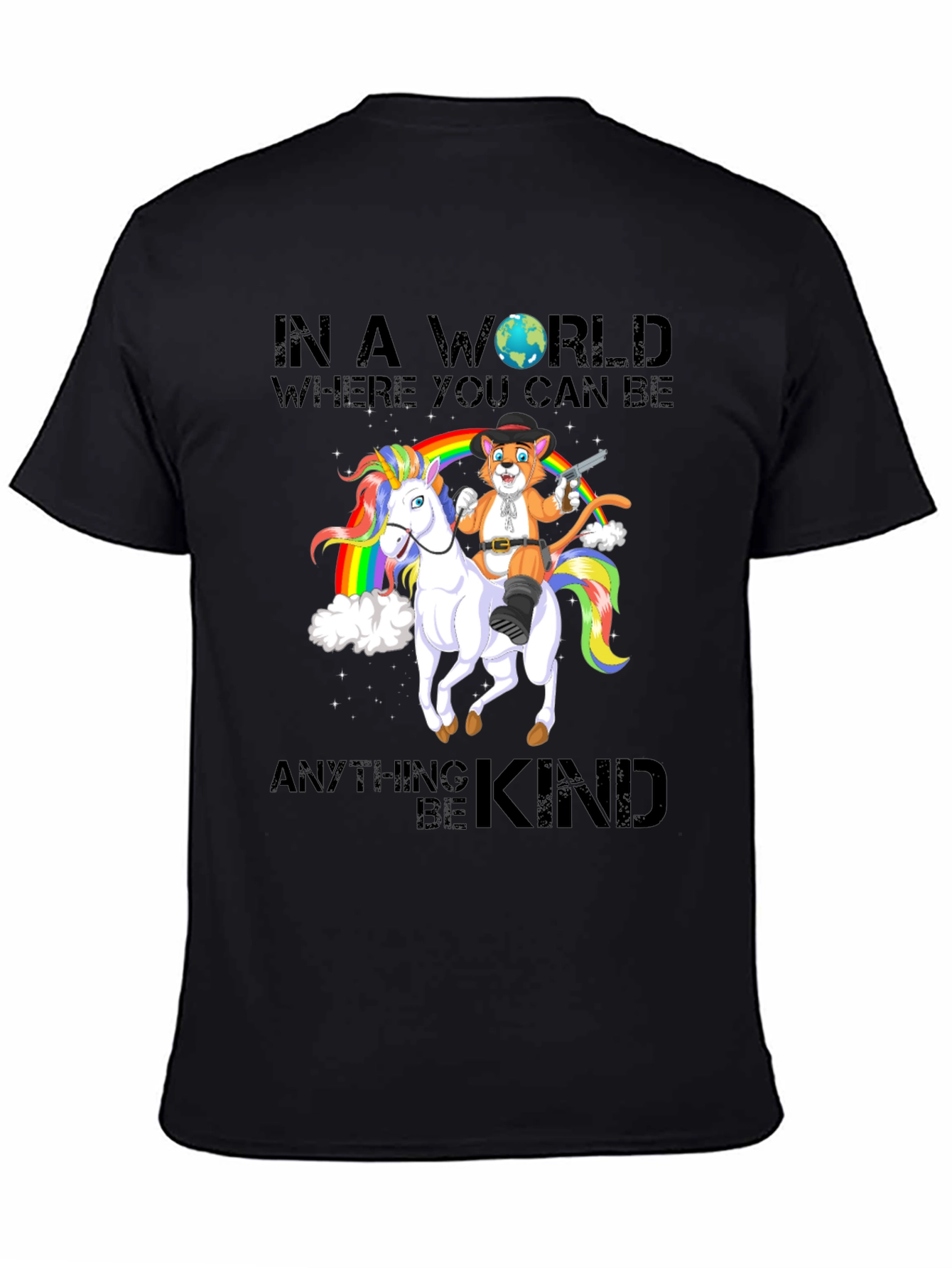 Black Be Kind T-Shirt: Cat Cowboy Riding Unicorn view 4