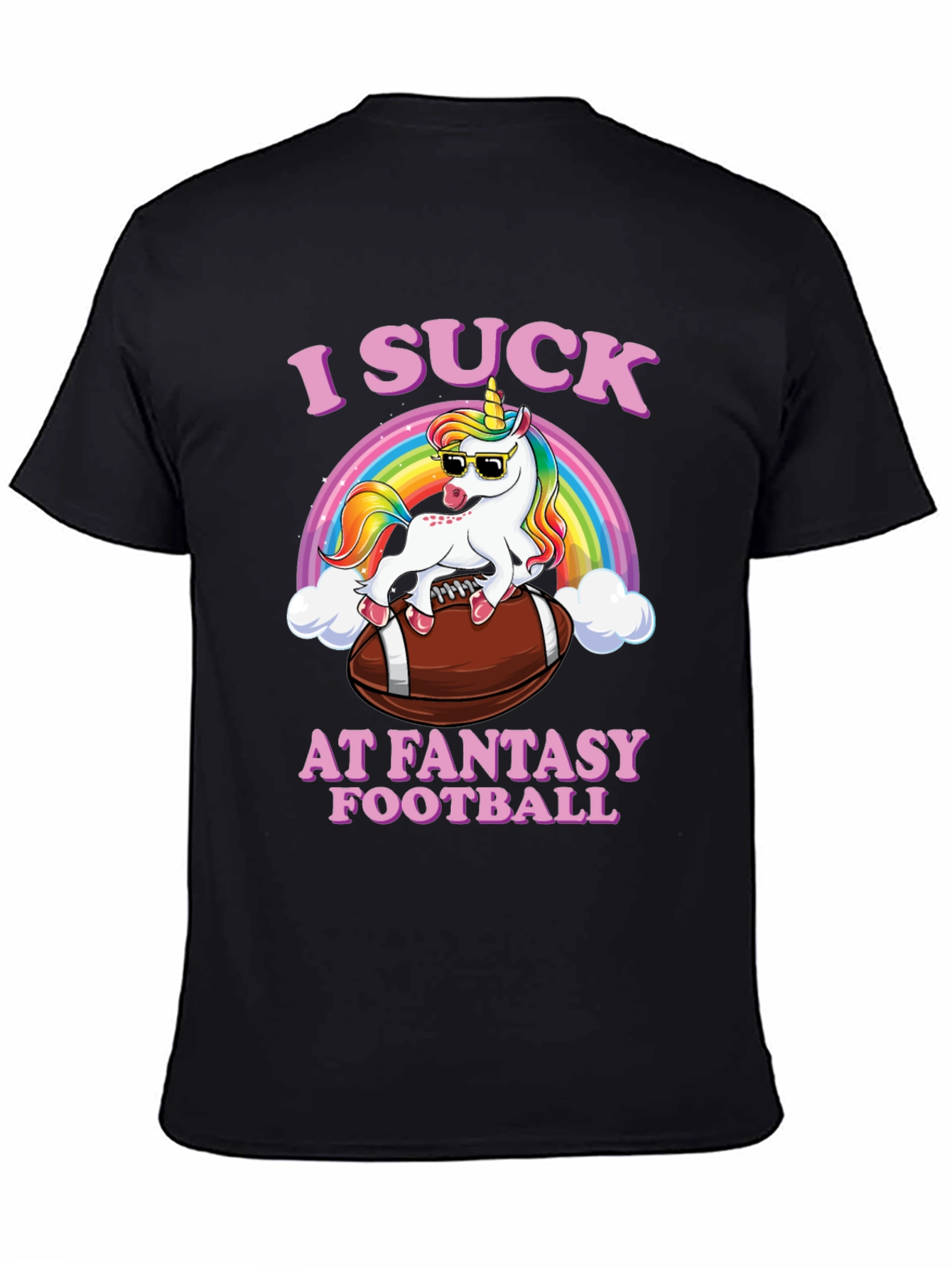 Black I Suck at Fantasy Football Unicorn T-Shirt view 4
