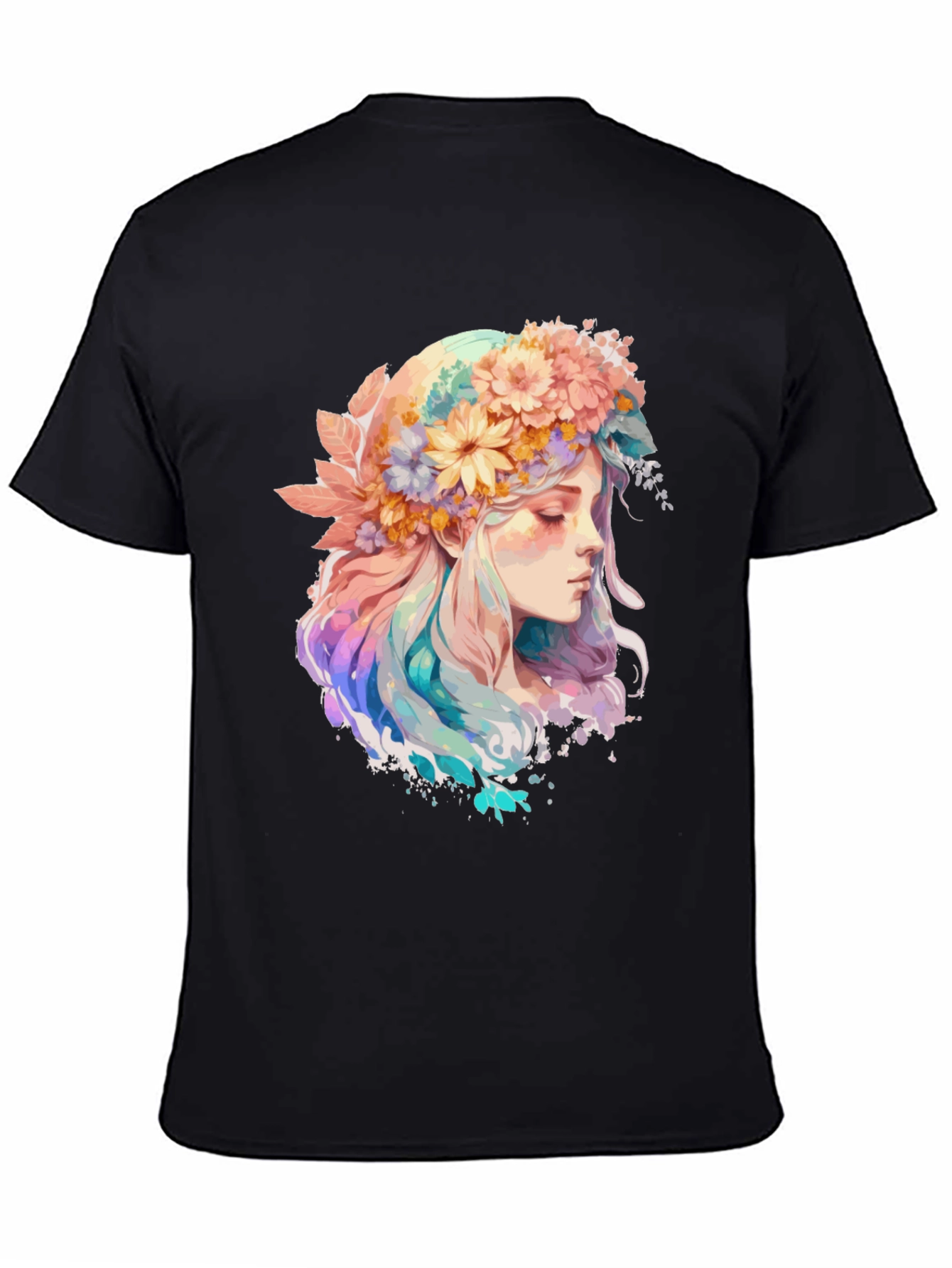 Black Floral Crown Girl Graphic Tee - Black Cotton Shirt view 4