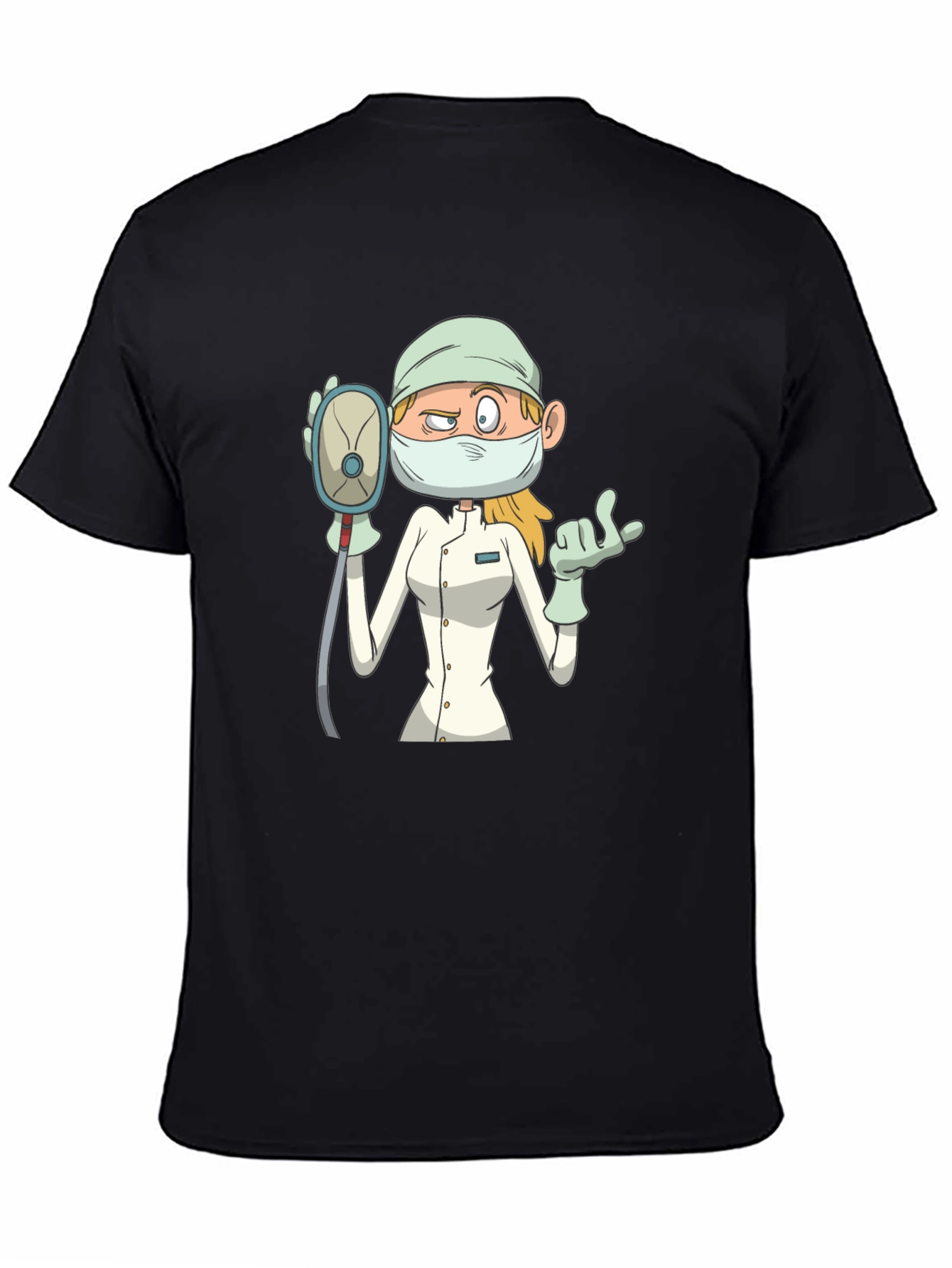 Black Cartoon Nurse T-Shirt - Unisex Black Tee view 4