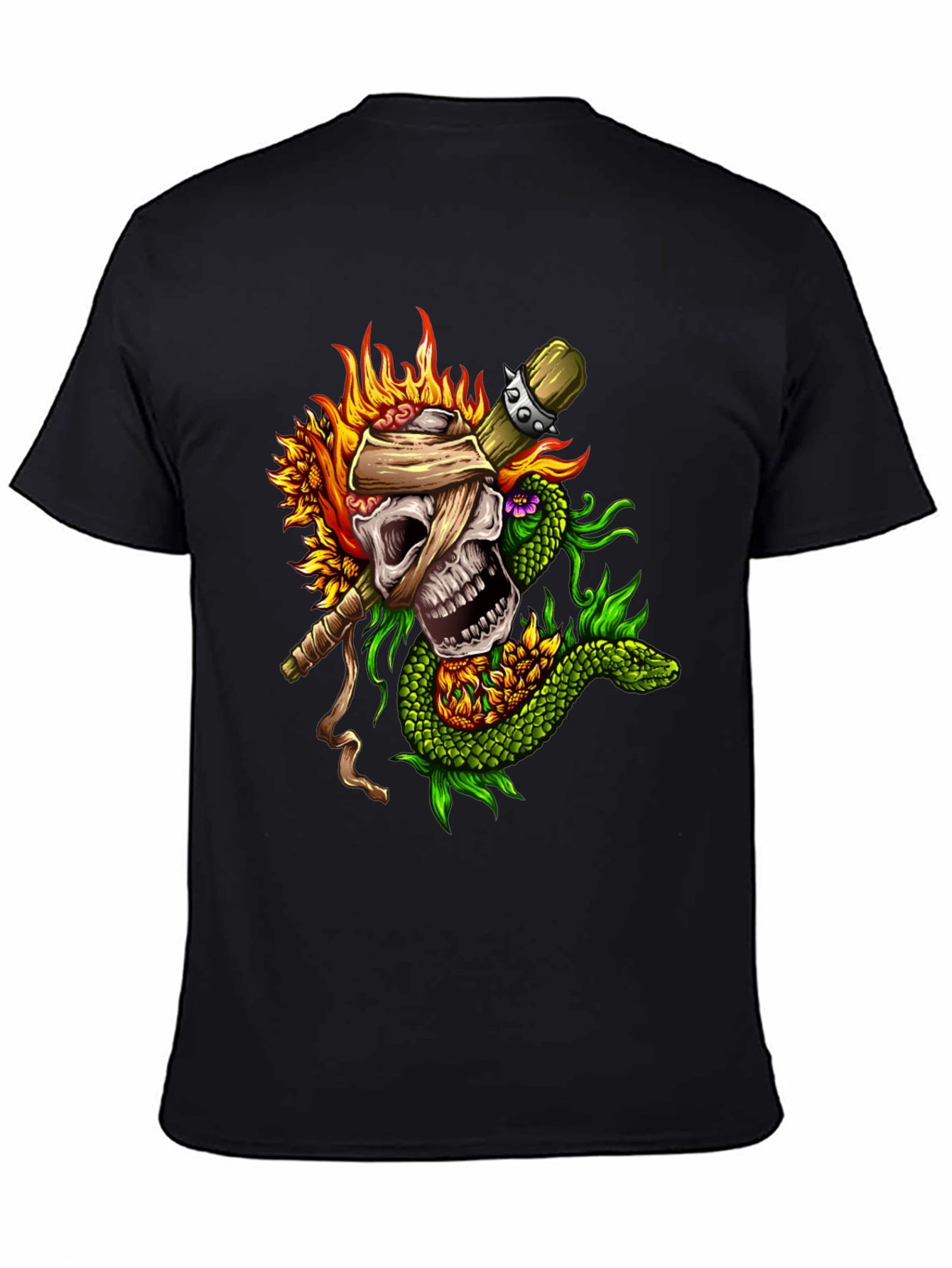 Skull, Snake, Sunflowers Black T-Shirt - 4