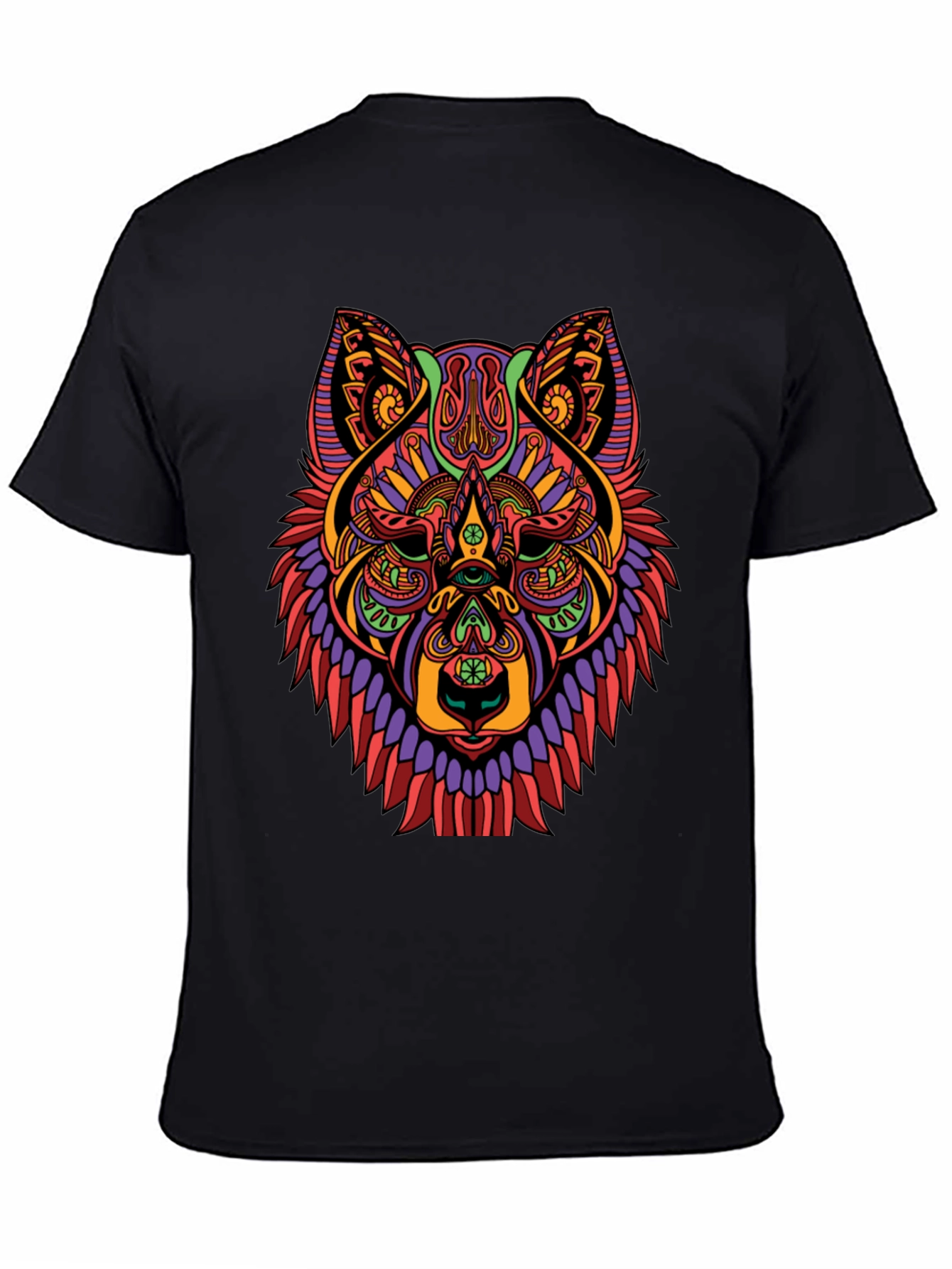 Black Psychedelic Wolf Graphic Print Black T-Shirt view 4
