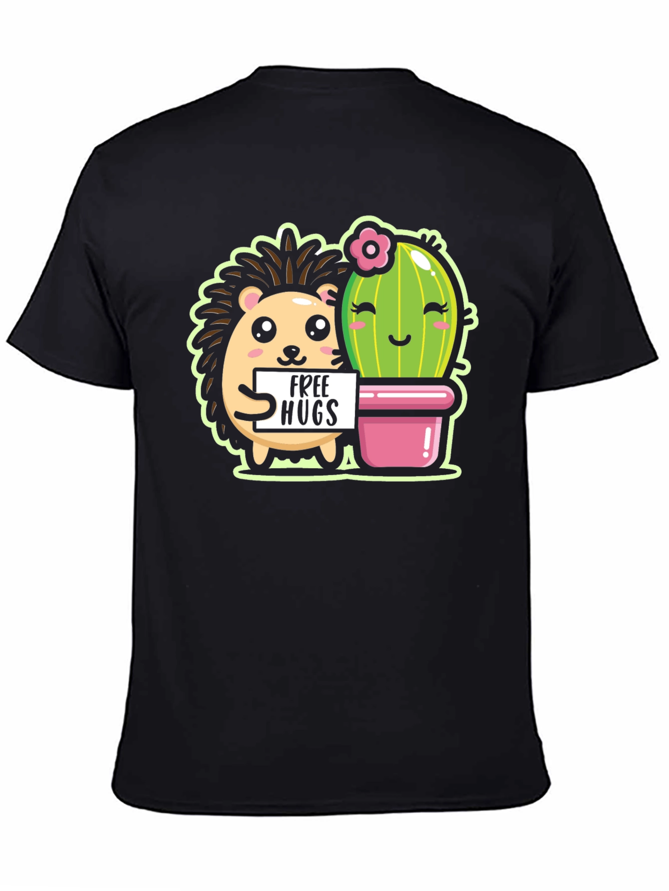 Black Cute Hedgehog & Cactus Free Hugs Black T-Shirt view 4