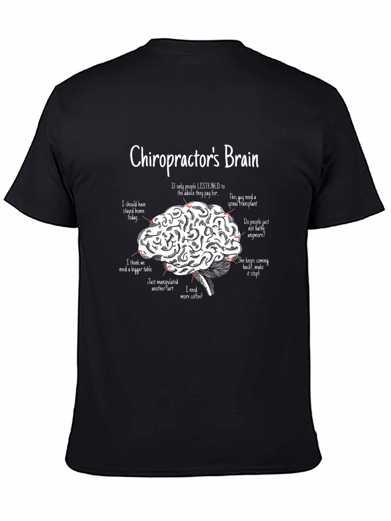 Black Chiropractor's Brain Funny Graphic T-Shirt view 4