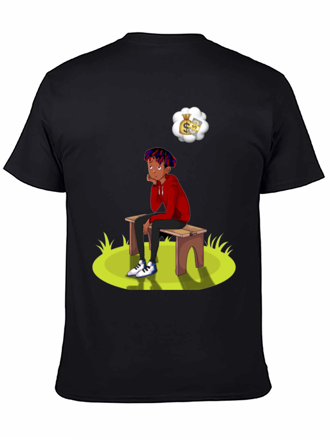 Black Cartoon Graphic Tee -  Boy on Bench Dreaming of Money view 4