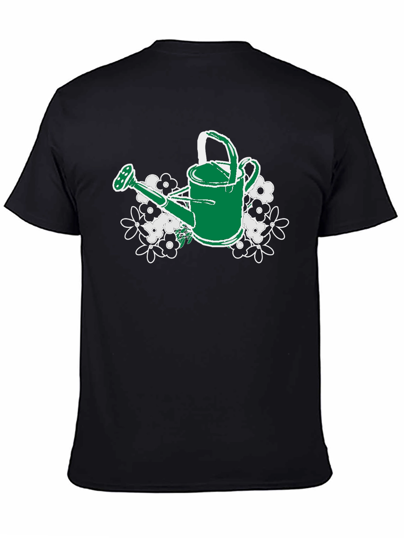 Black Gardening Watering Can T-Shirt - Floral Design view 4