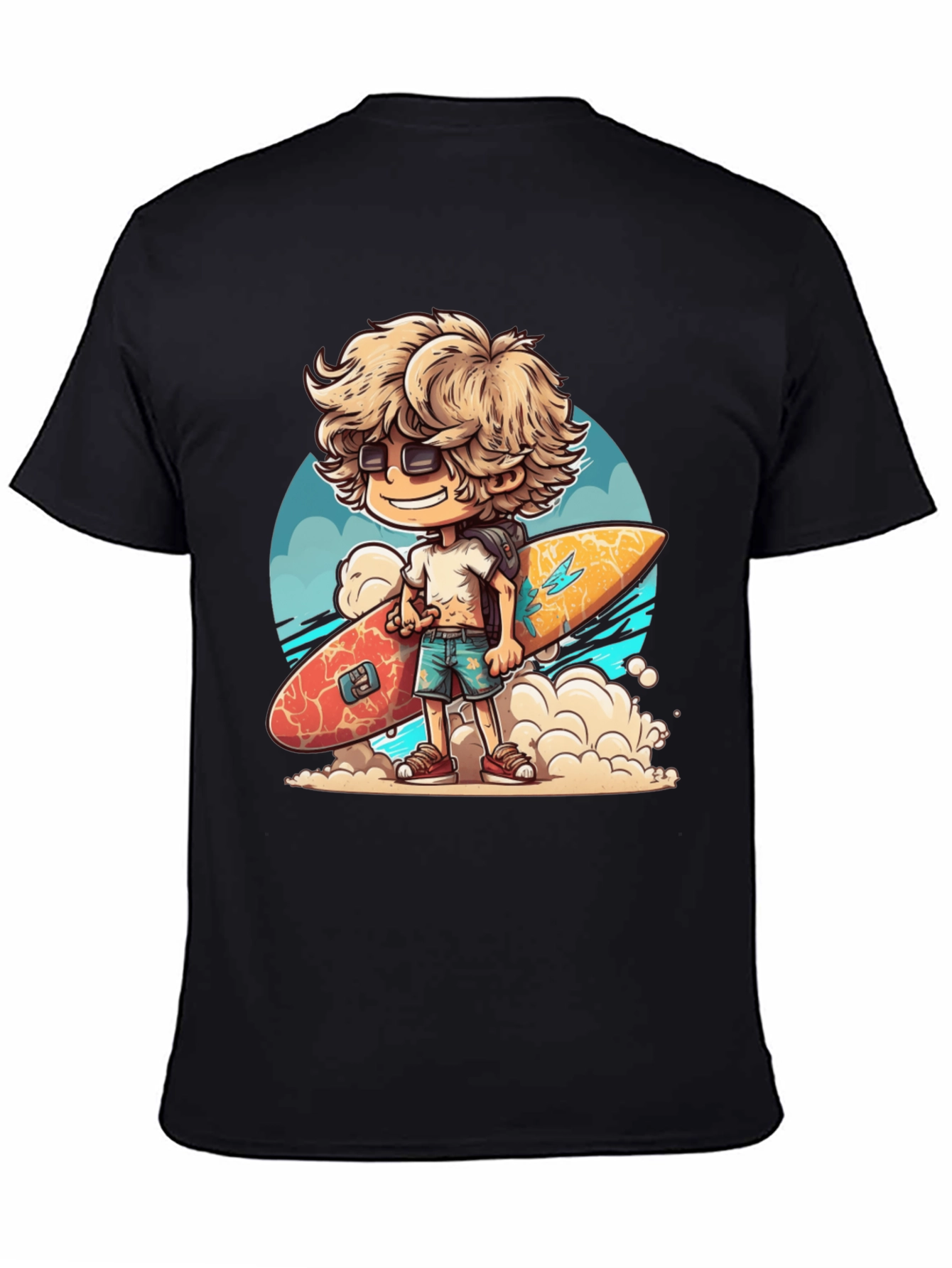 Black Surfer Dude Cartoon Graphic T-Shirt view 4