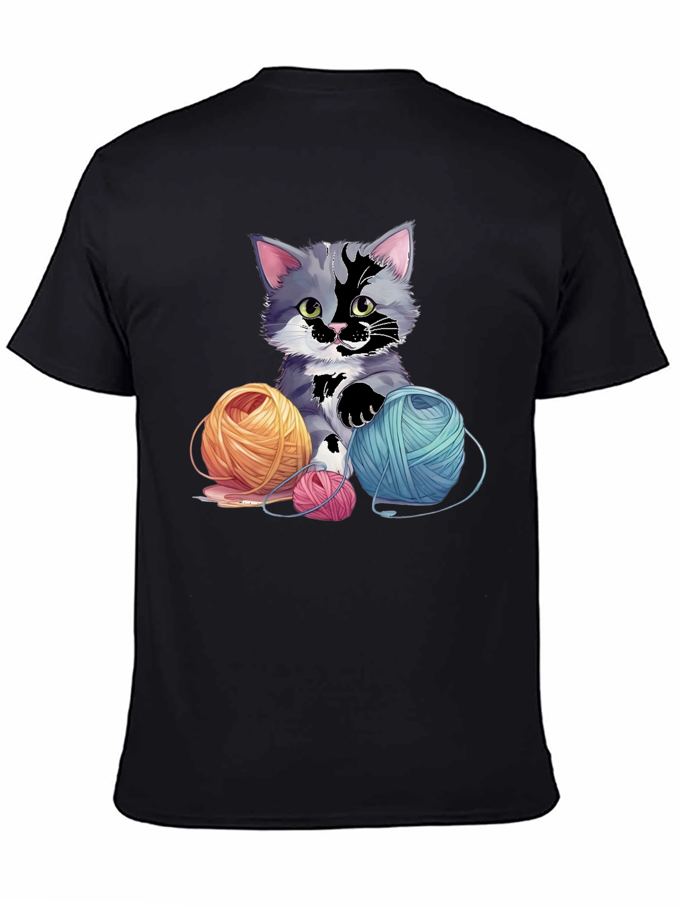 Black Cute Kitten with Yarn Balls Graphic Tee view 4