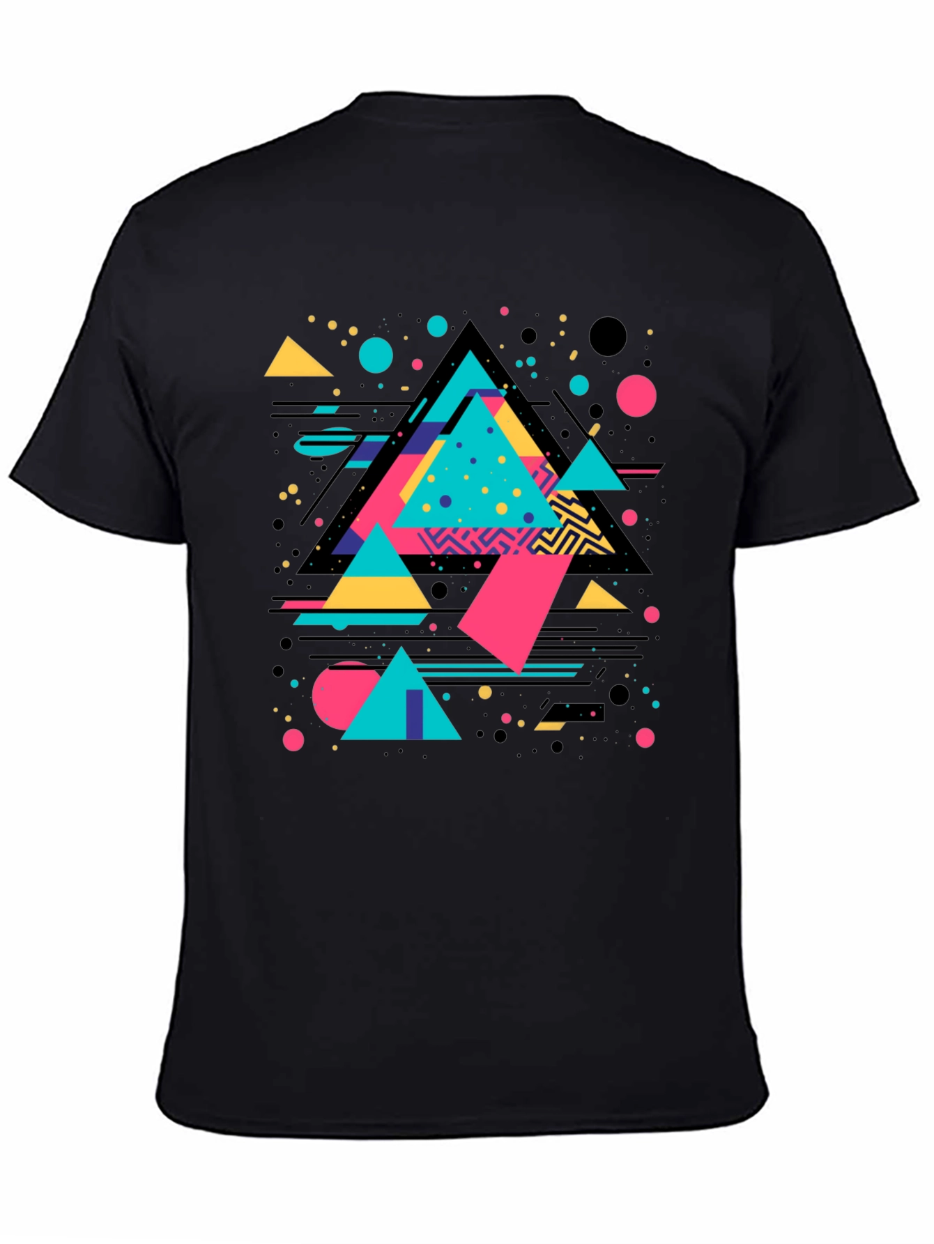 Black Retro Geometric Triangle Graphic Black T-Shirt view 4