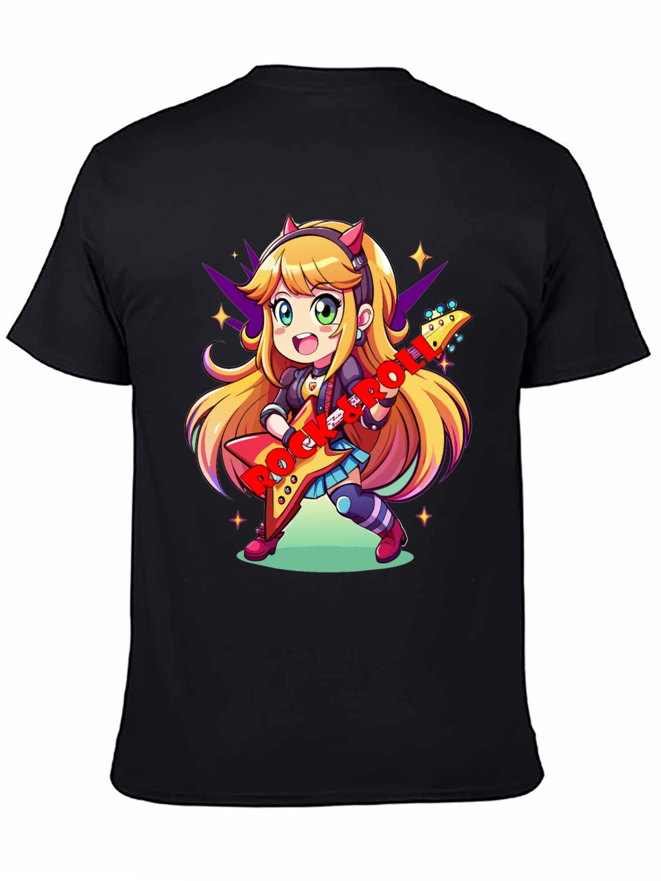 Black Anime Girl Guitarist Black T-Shirt view 4