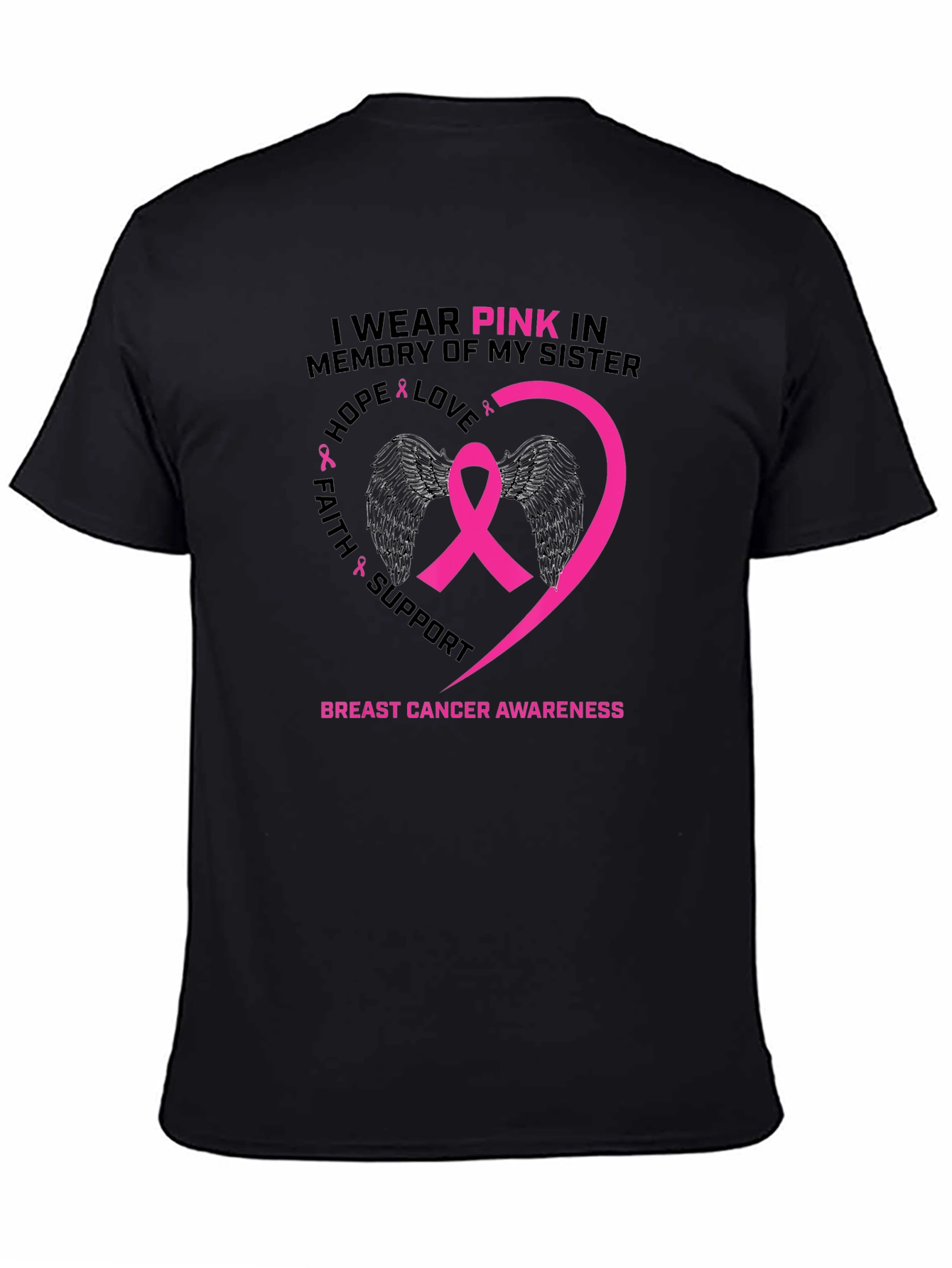 Black Pink Ribbon Breast Cancer Awareness T-Shirt view 4