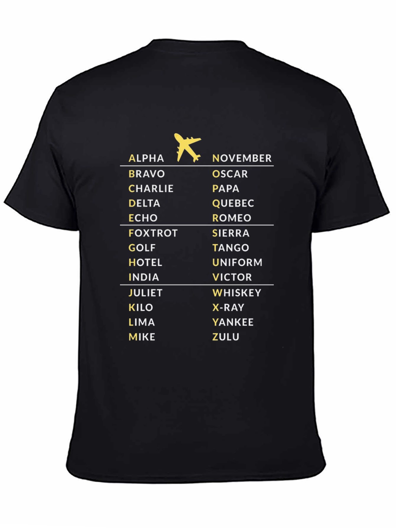 Black Phonetic Alphabet Airplane Black T-Shirt view 4