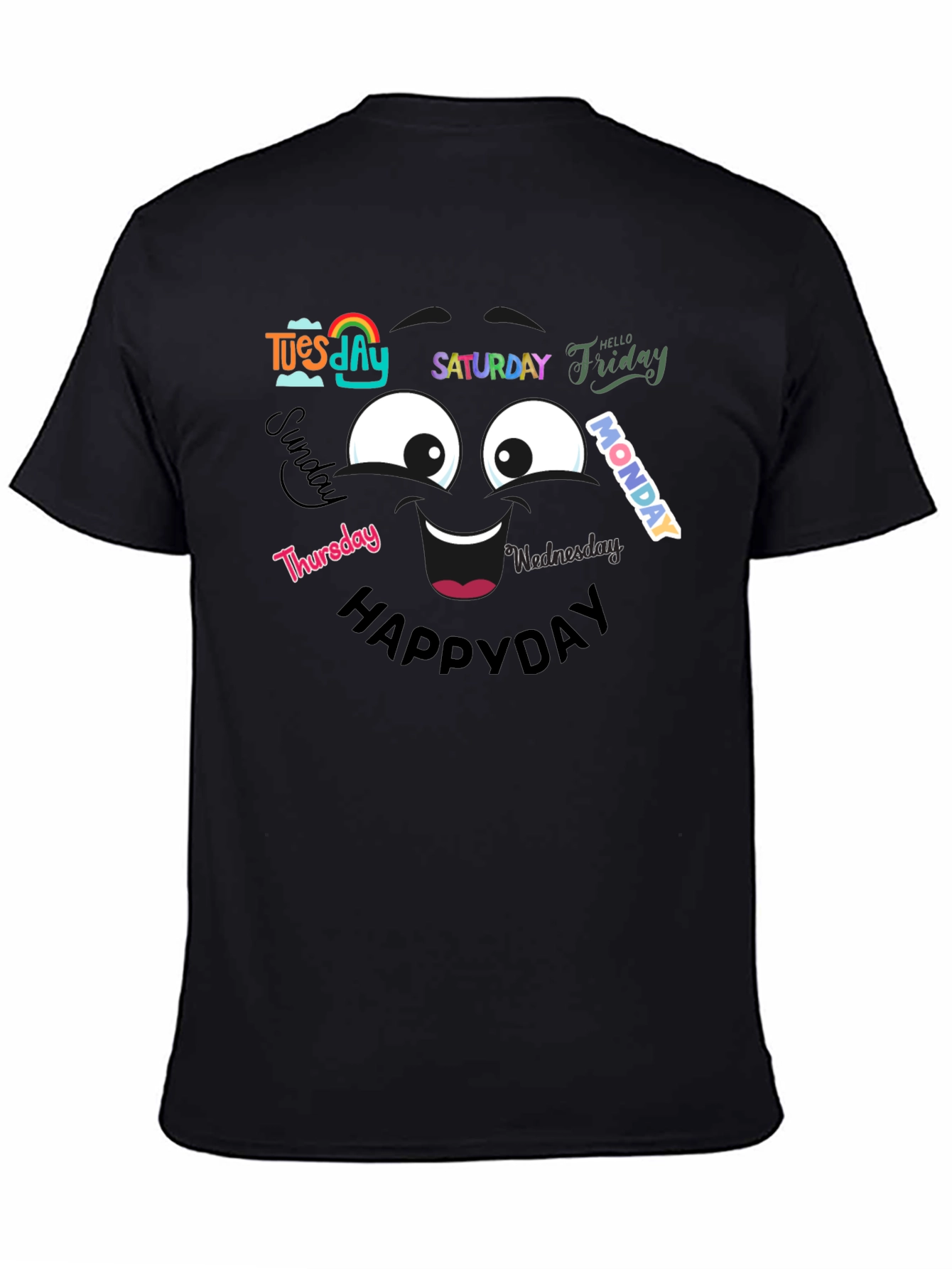 Black Happy Days of the Week T-Shirt - Black Cotton Tee view 4