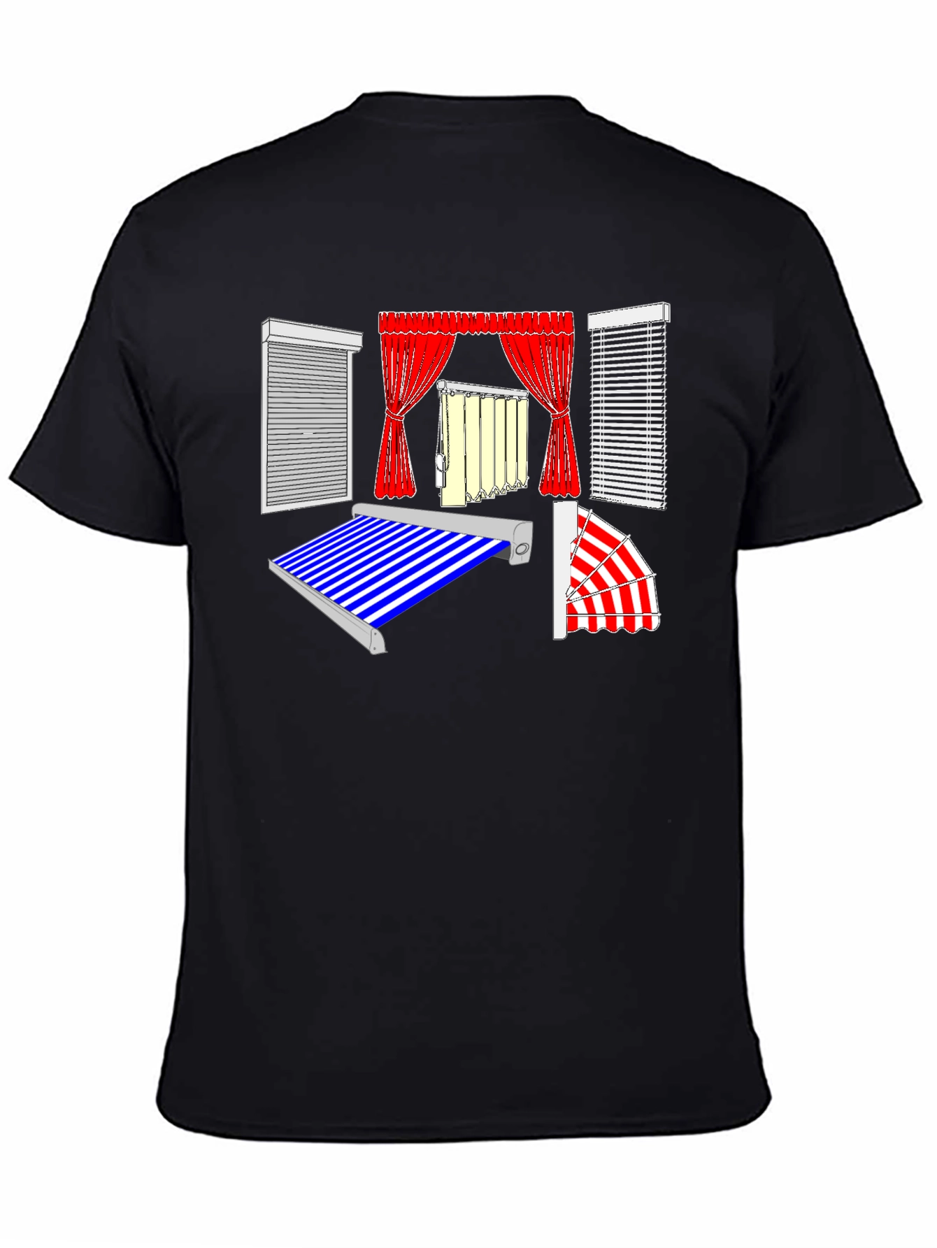Black Men's Black Graphic T-Shirt - Blinds and Awnings Design view 4