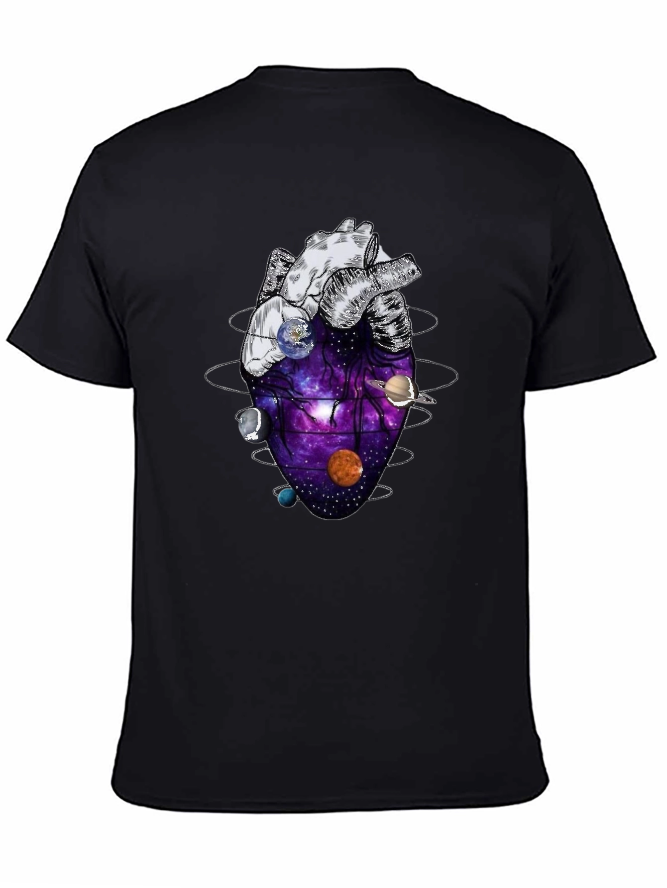 Black Anatomical Heart Planets Universe Men's T-Shirt view 4