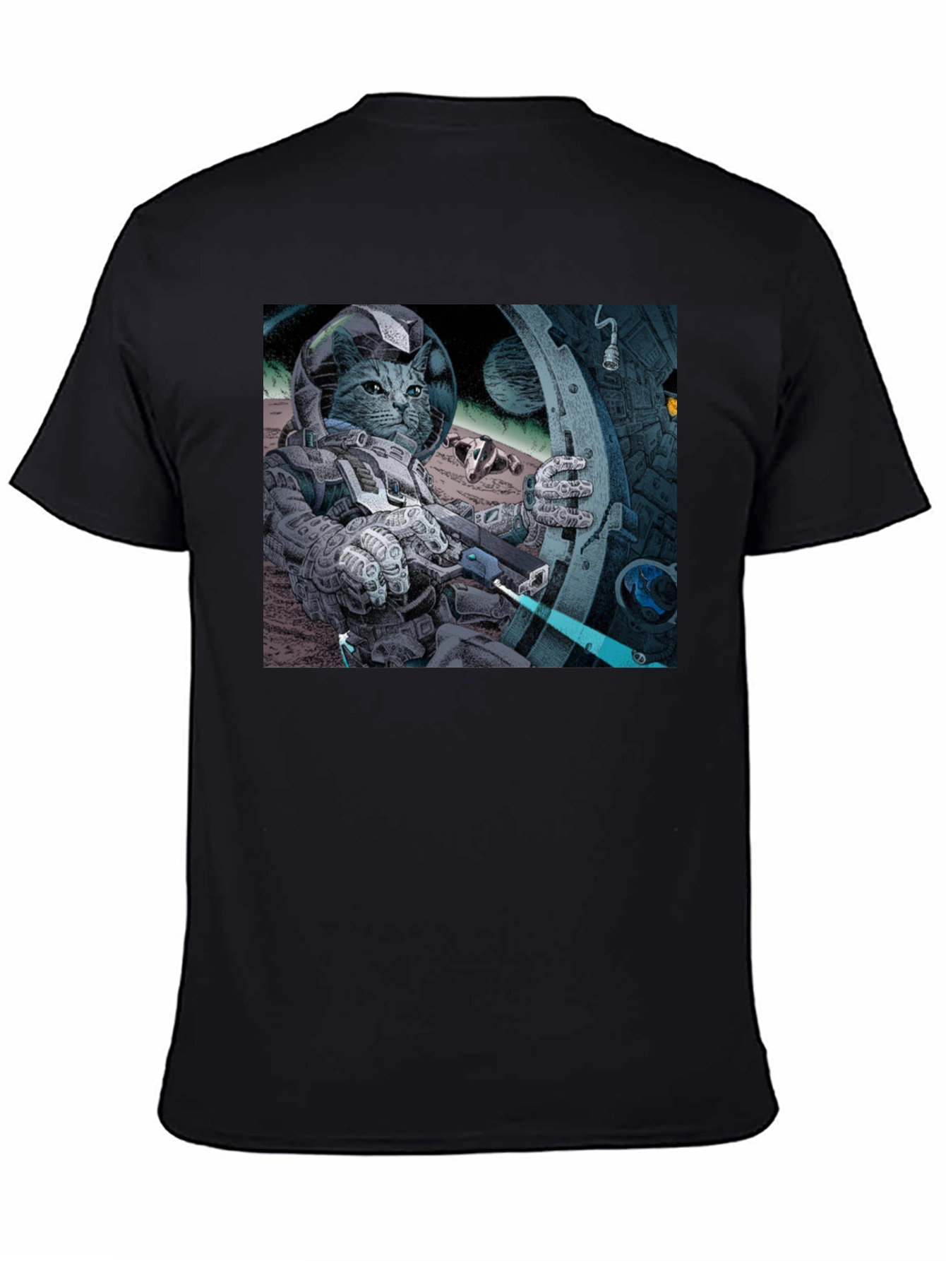 Black Cosmic Cat Astronaut T-Shirt - Cool Graphic Tee view 4