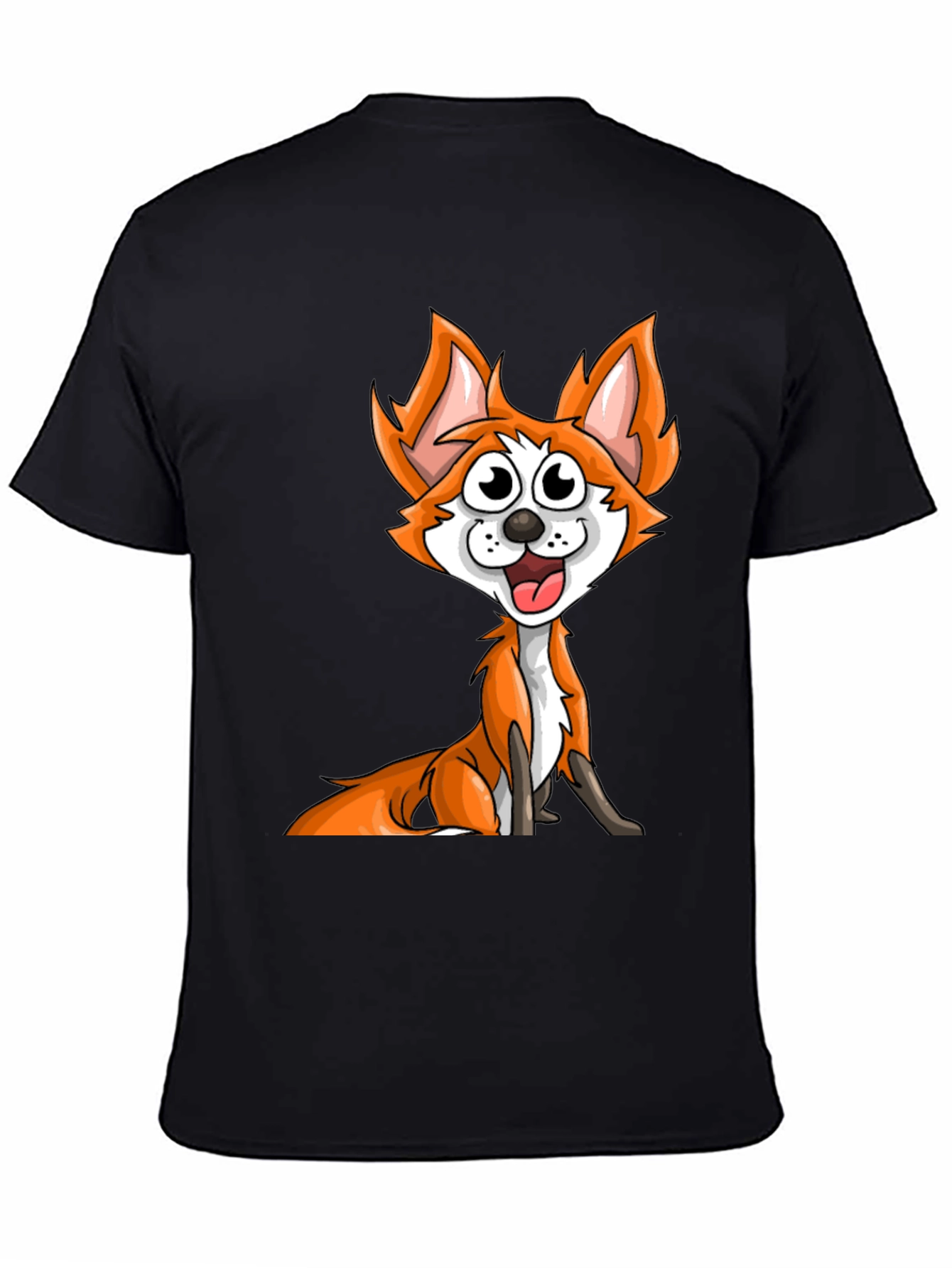 Black Cartoon Fox Graphic Tee - Black Crew Neck T-Shirt view 4