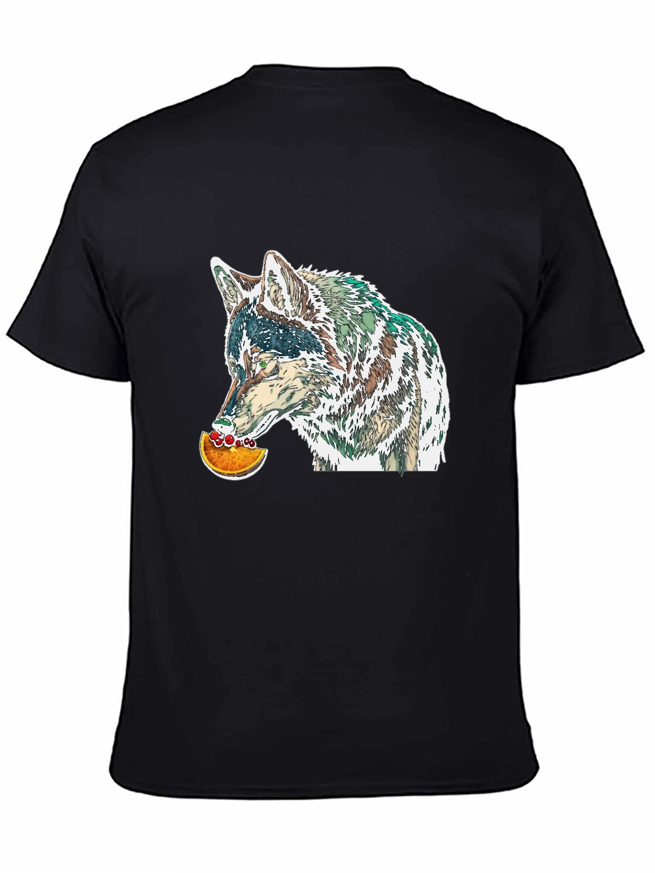 Black Wolf Eating Orange Graphic Tee - Casual Black T-Shirt view 4