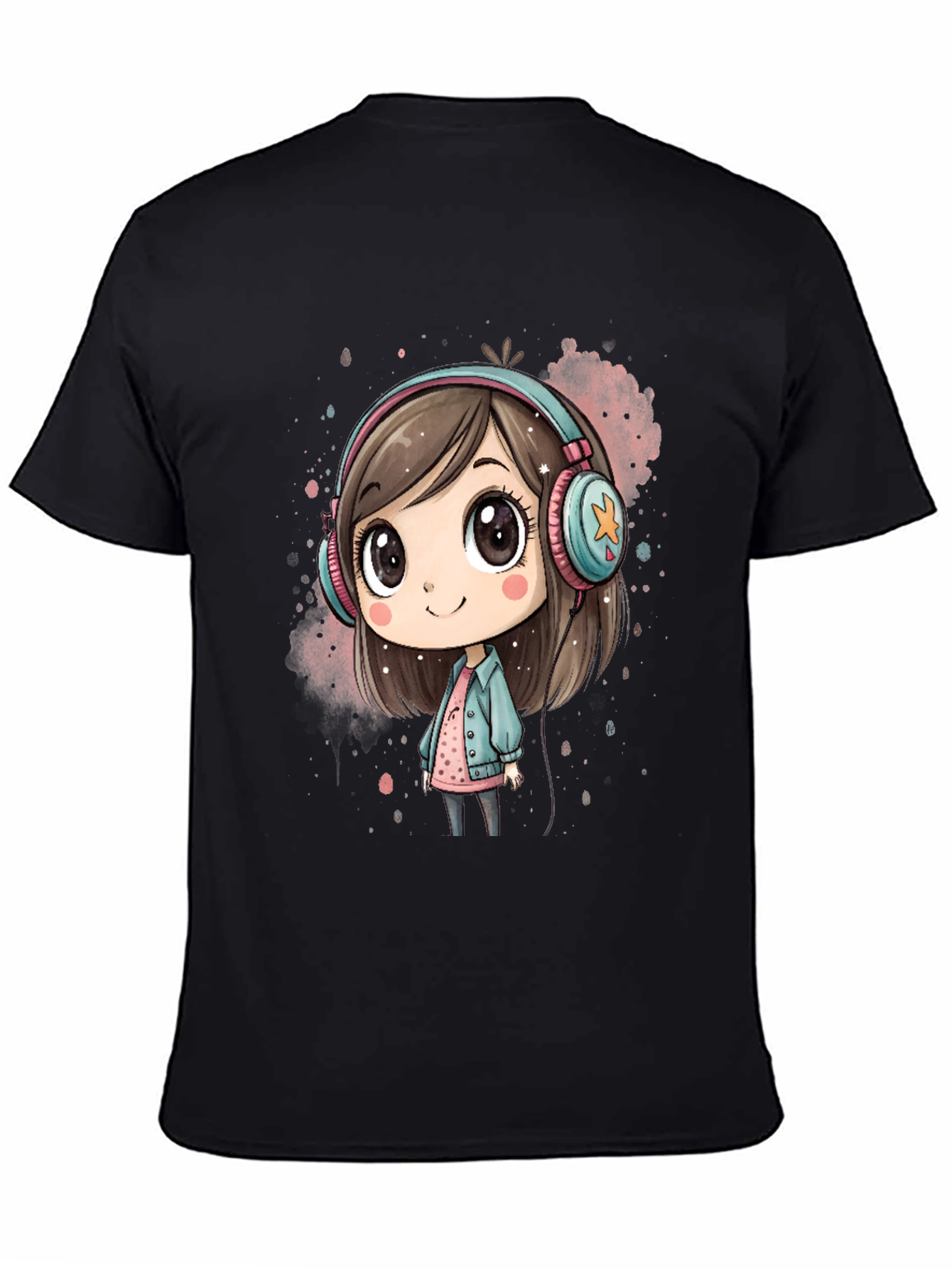 Black Cute Cartoon Girl Headphones Black T-Shirt view 4