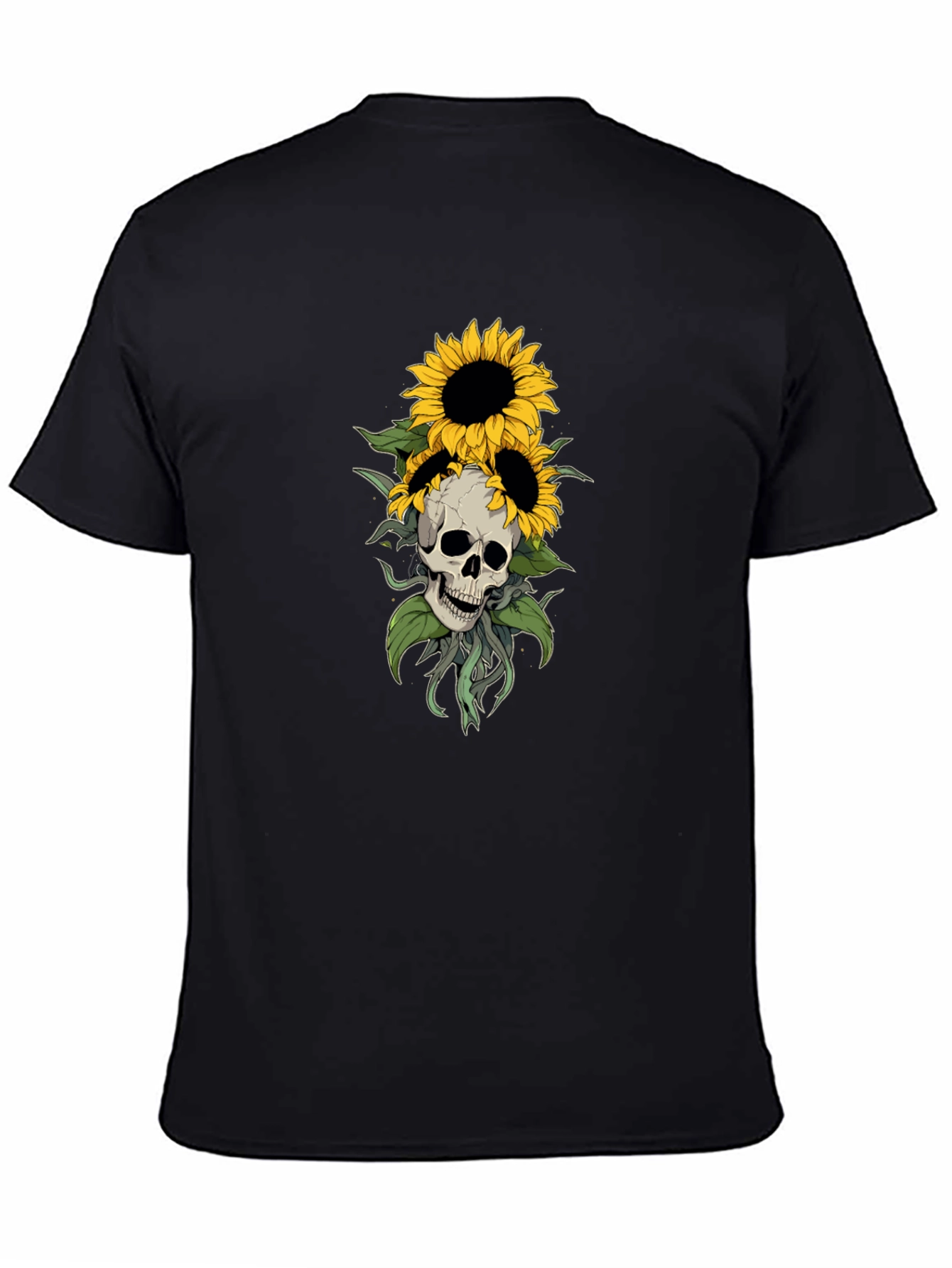 Black Skull & Sunflower Graphic Tee - Stylish Black T-Shirt view 4
