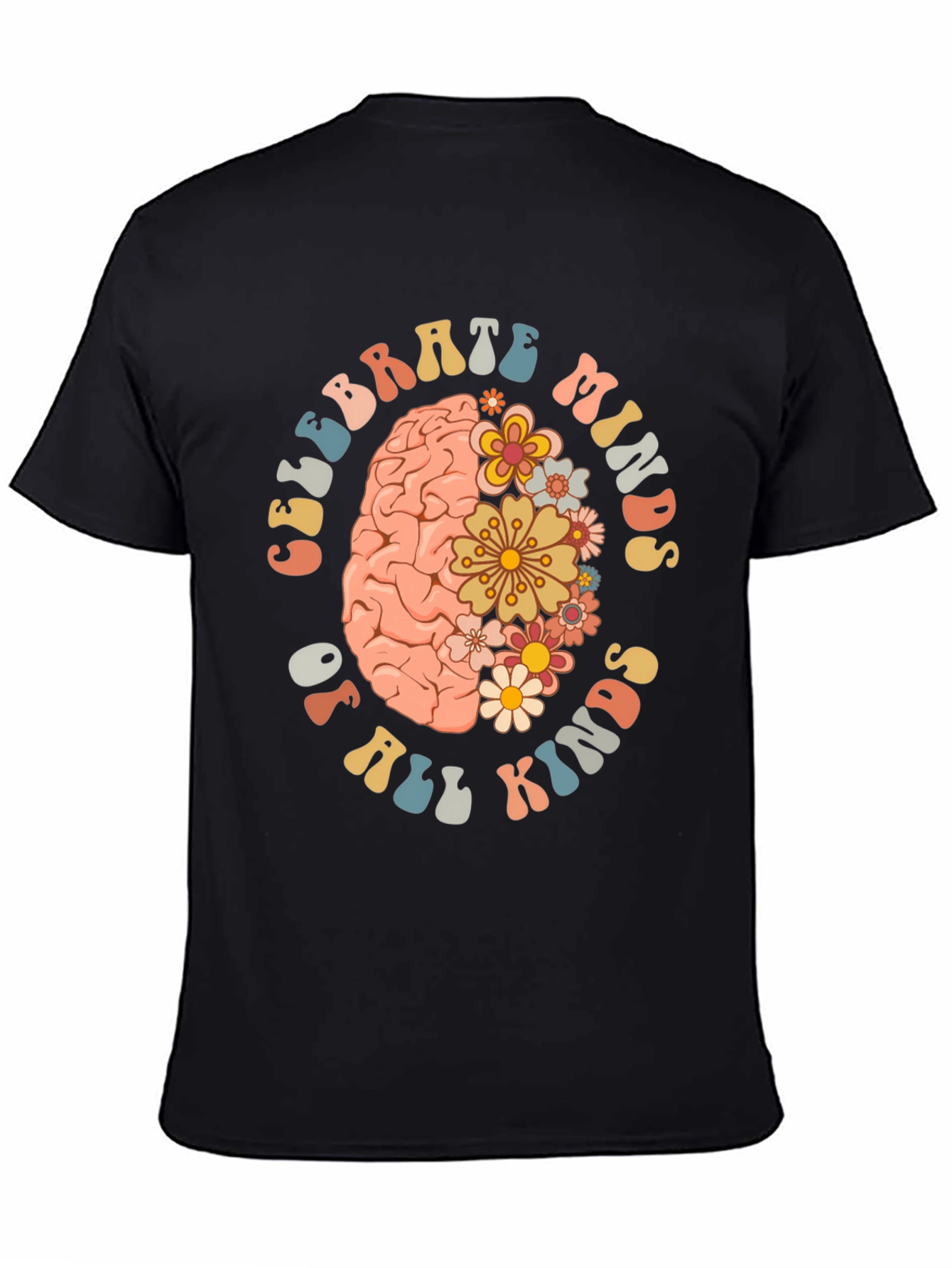 Black Celebrate Minds T-Shirt - Floral Brain Design view 4