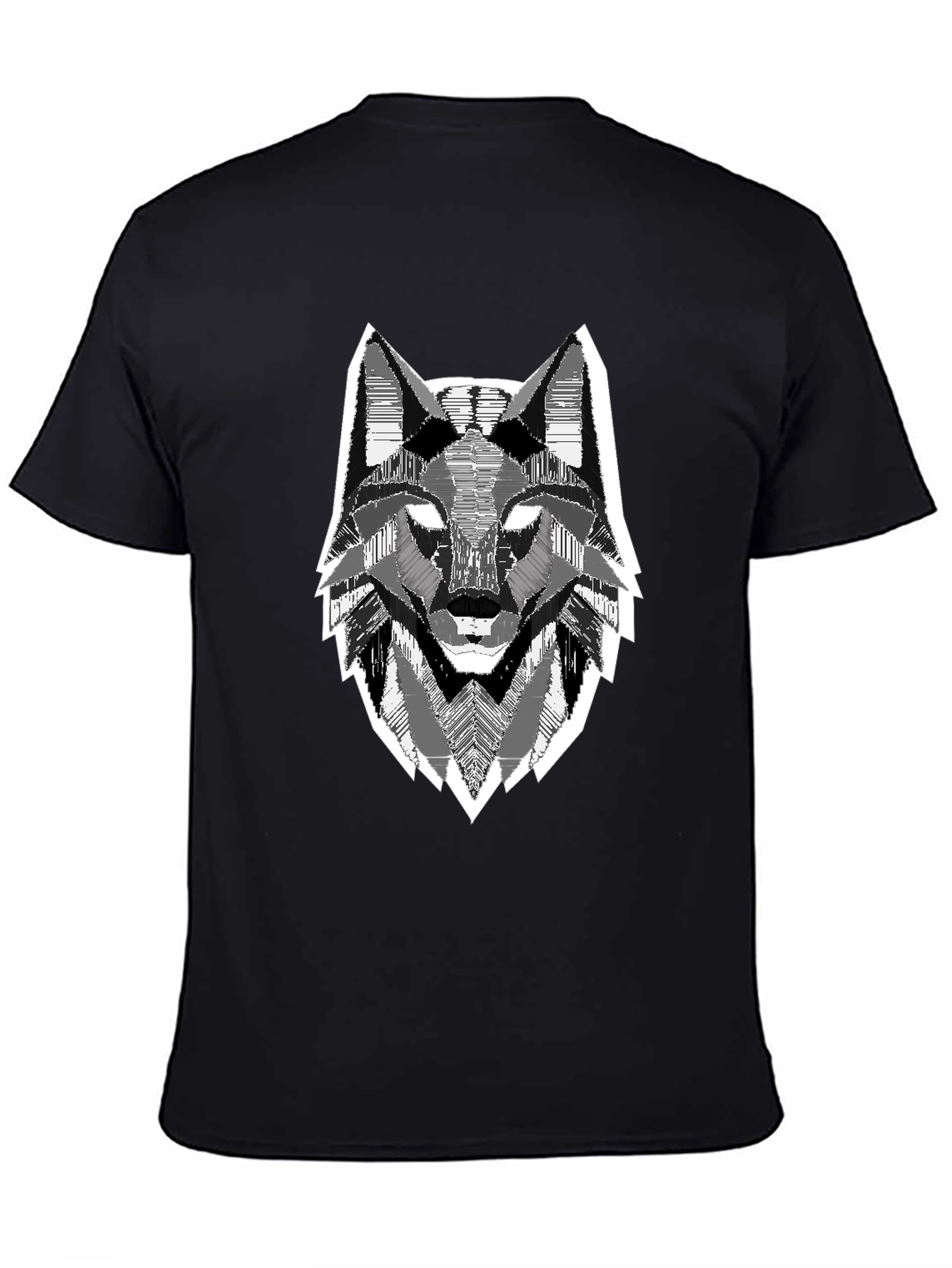Black Geometric Wolf Head Graphic Print Black T-Shirt view 4