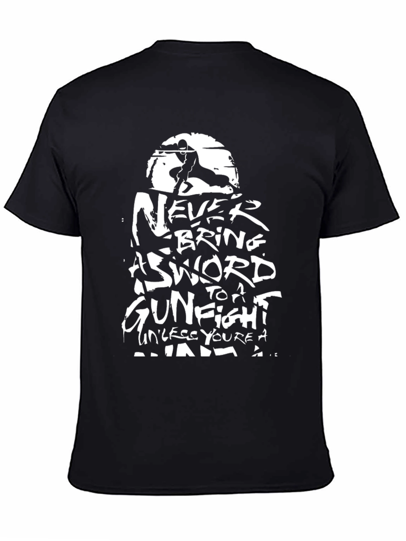 Black Ninja Sword Gunfight Men's Black T-Shirt view 4