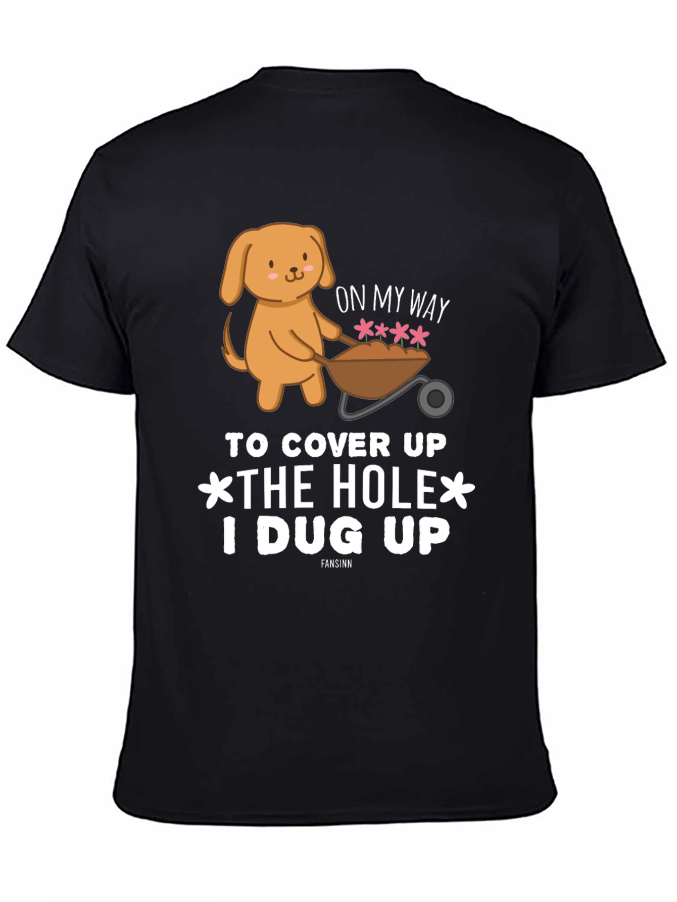 Black Cute Dog 'Cover Up Hole' Black Graphic T-Shirt view 4