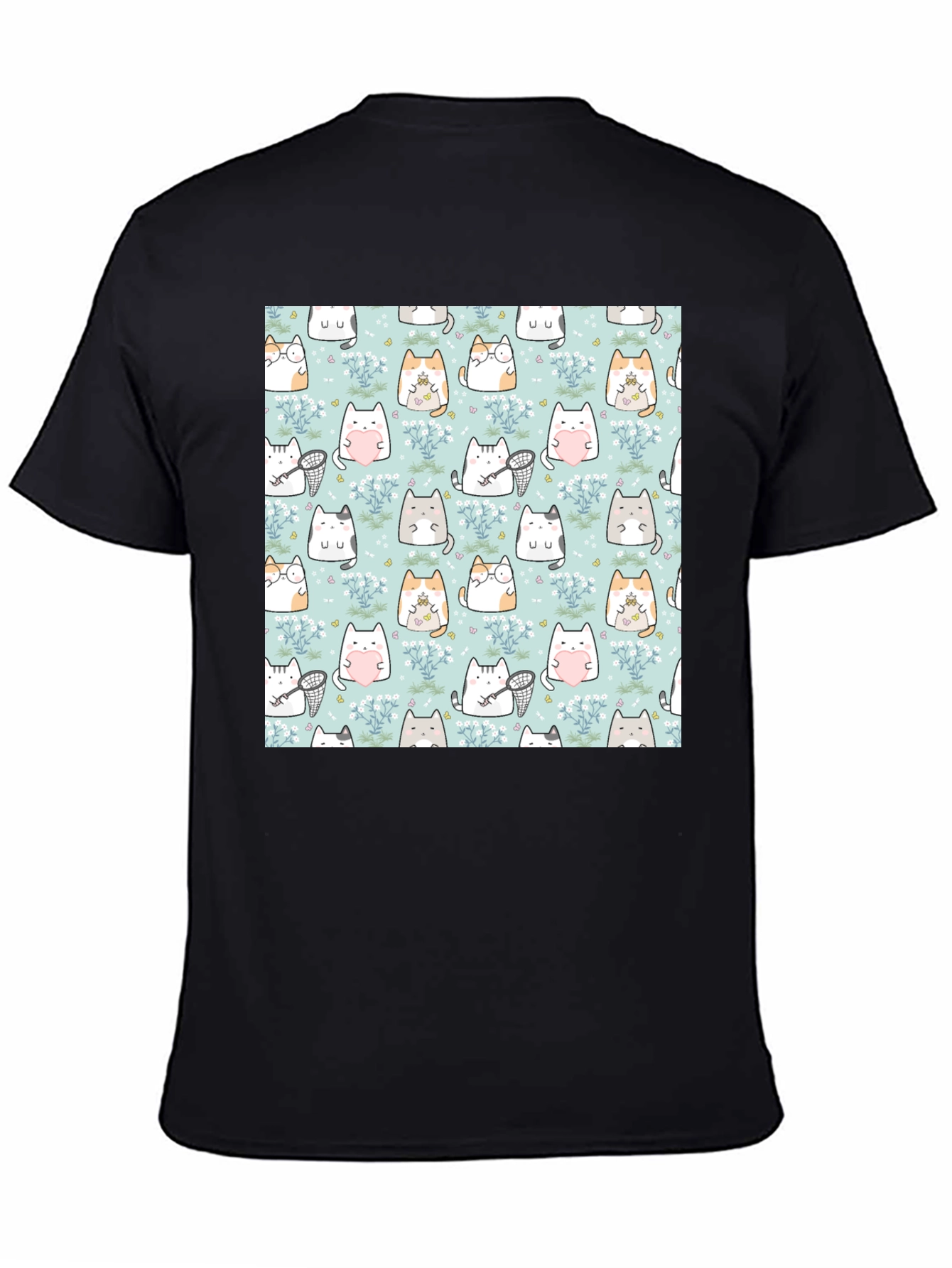 Black Cute Cat Pattern T-Shirt | Black view 4