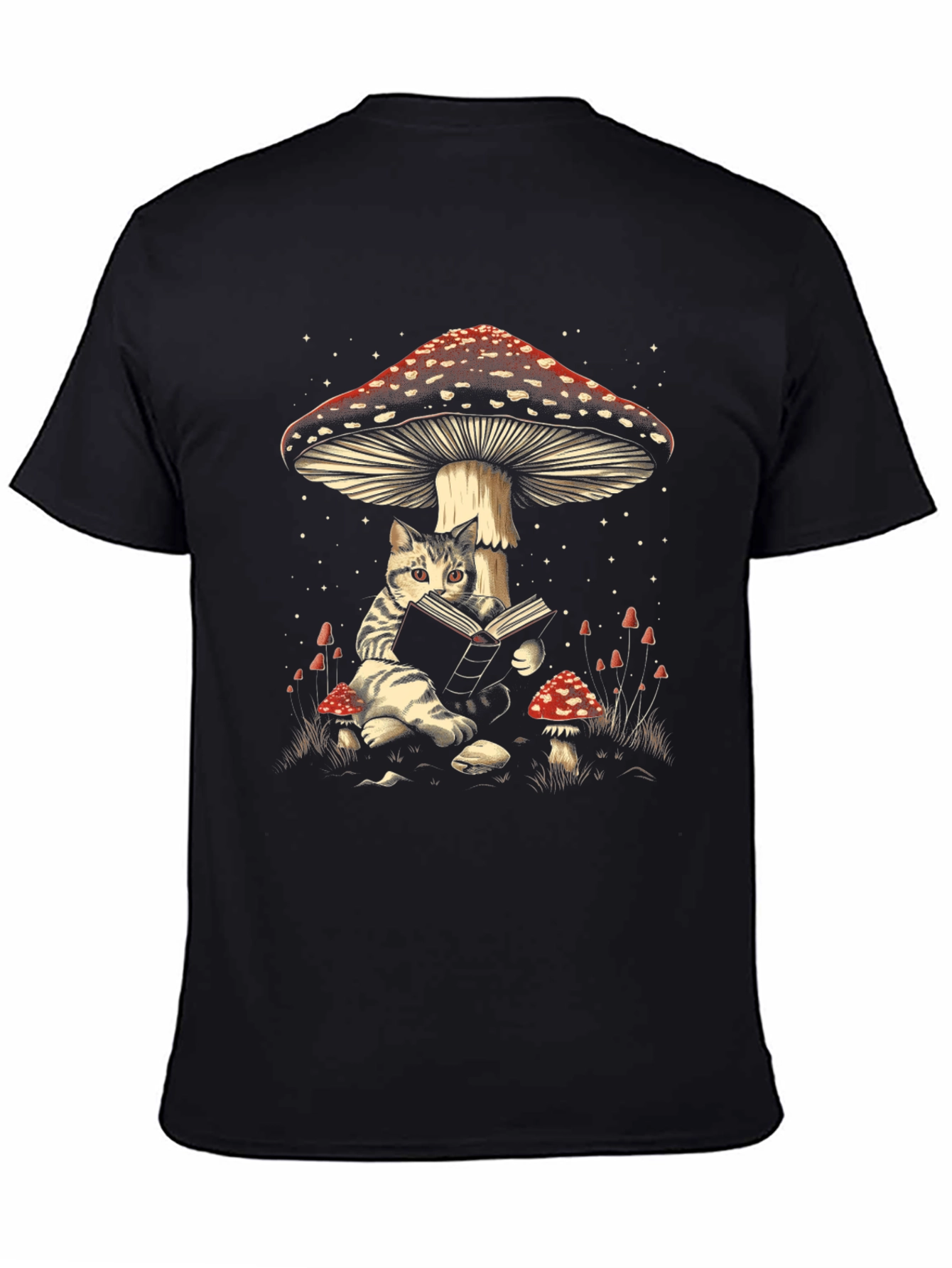 Black Cat Reading Under Mushroom T-Shirt view 4