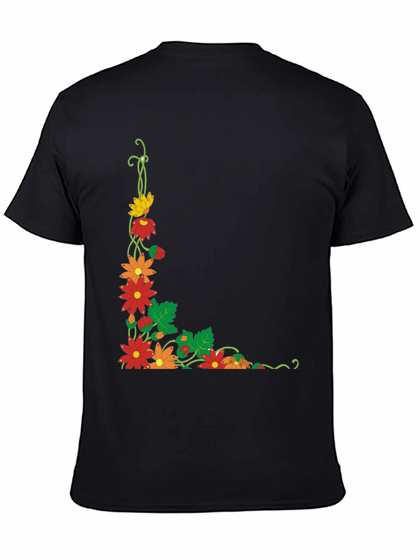 Black Floral Corner Design Black T-Shirt view 4
