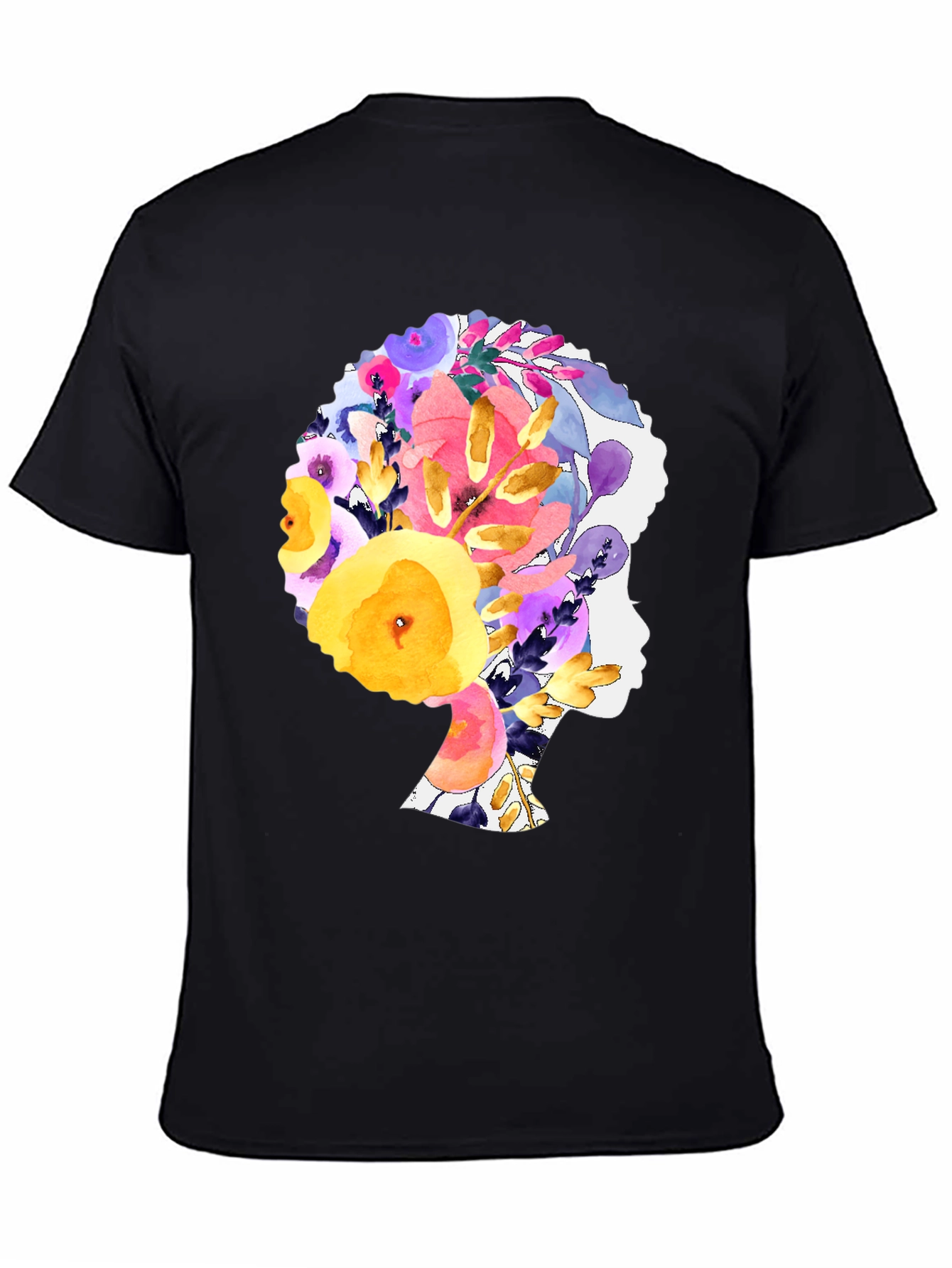Black Floral Afro Woman Black T-Shirt view 4