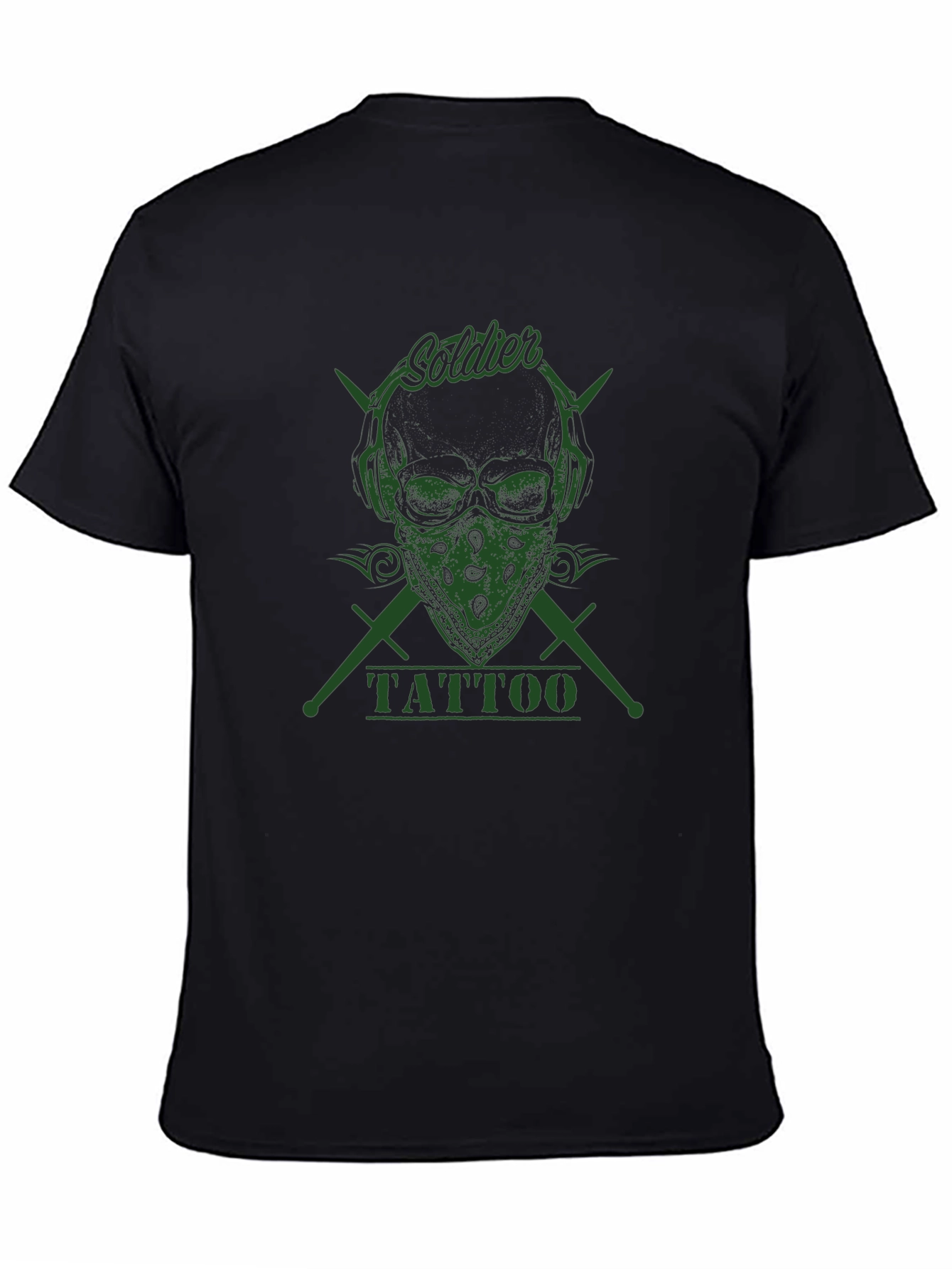 Black Skull Tattoo Graphic Tee - Soldier Design - Men's Black T-Shirt view 4